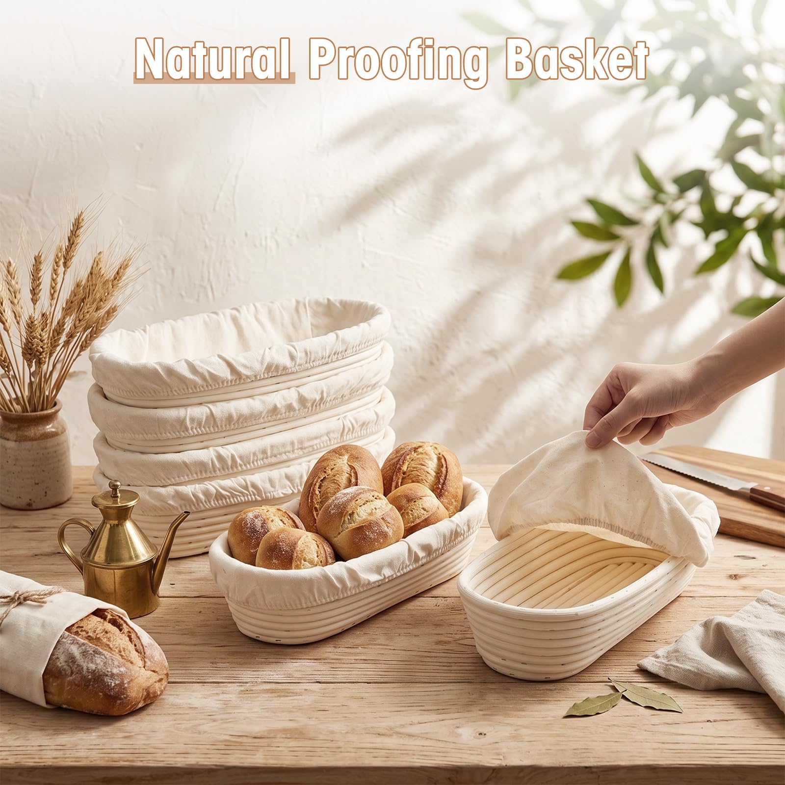 Vesici Baguette-Banneton-Gärkörbe, 35,6 cm, 6 Stück, mit Leineneinsatz, Baguette-Banneton, Brotbackkörbe, Rattan-Teiggärkörbe für Zuhause, Backzubehör, Backgeschenke