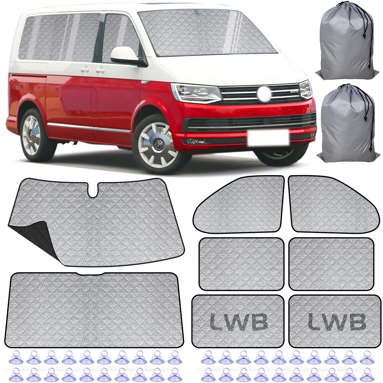 Set di 8 tende termiche interne adatte per VW T5/T6 Van LWB (passo lungo), versione spessa con retro nero, materiale resistente multistrato, effetto riflettente argentato, facile da riporre