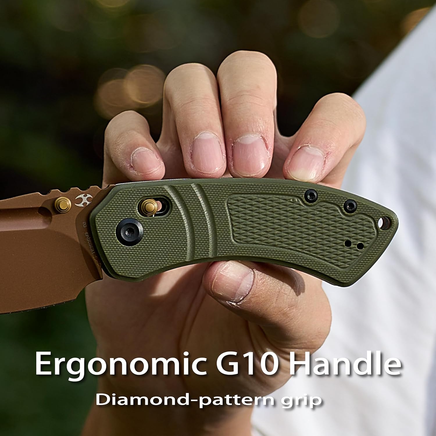 KANSEPT Korvid V Pocket Knife, 2.91''America Rose Gold Coated D2 Blade, Olive Green G10 Diamond Pattern Handle, Thumb Stud with Crossbar Lock,Double Sided Clip for EDC Camping Folding Knives TE2030V2