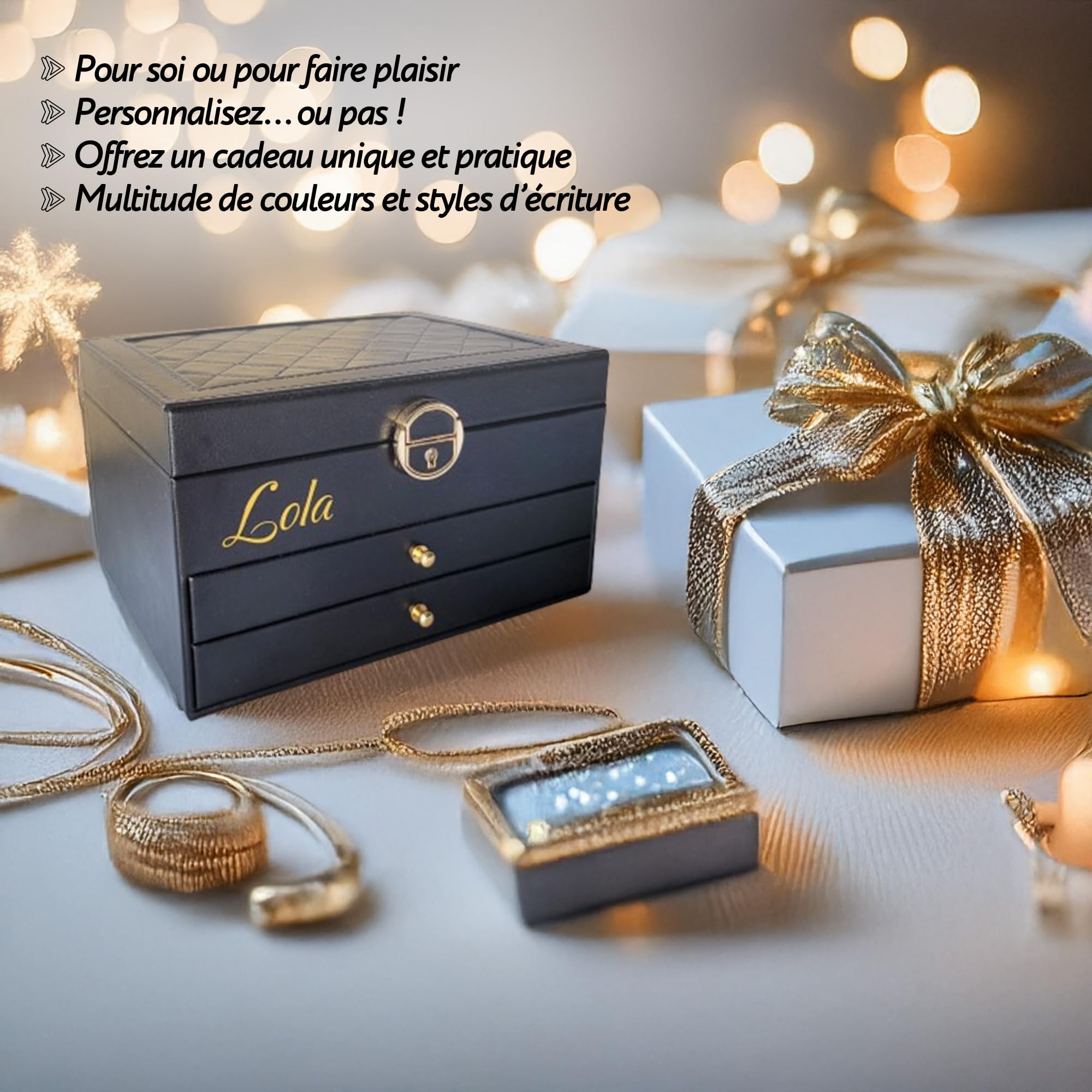 BS Boîte à bijoux pour femme et fille | Boîte à bijoux personnalisée avec prénom, pour cadeau - fête | Rangement bijoux verrouillable à clé, en cuir végan, organisateur bijoux (Noir)