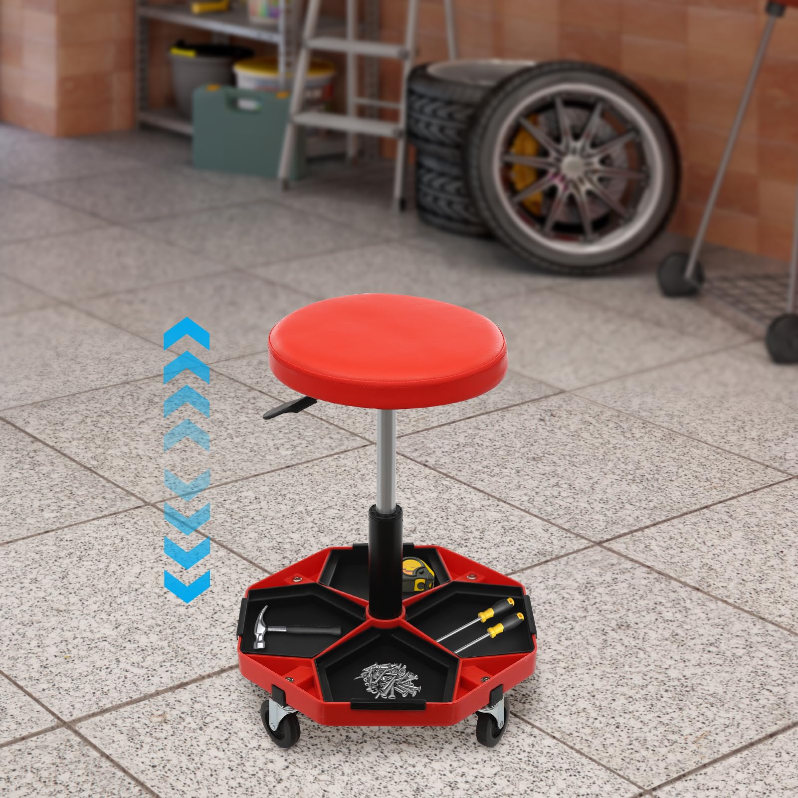 Sgabello da officina regolabile, telescopico, regolabile in altezza, 45-61 cm, carico massimo: 150 kg, sgabello per officina (rosso)