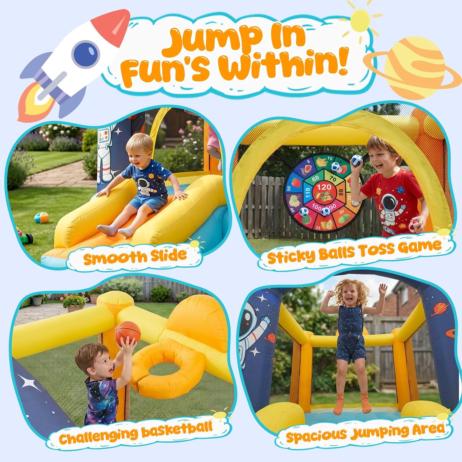 Inflatable Small Bounce House for Kids, Space Theme Toddler Jump House | Bouncy Castle with Slide Jumping Area Basketball Hoop & Toss Game, Indoor Outdoor Play House With Air Blower for Ages 3-6