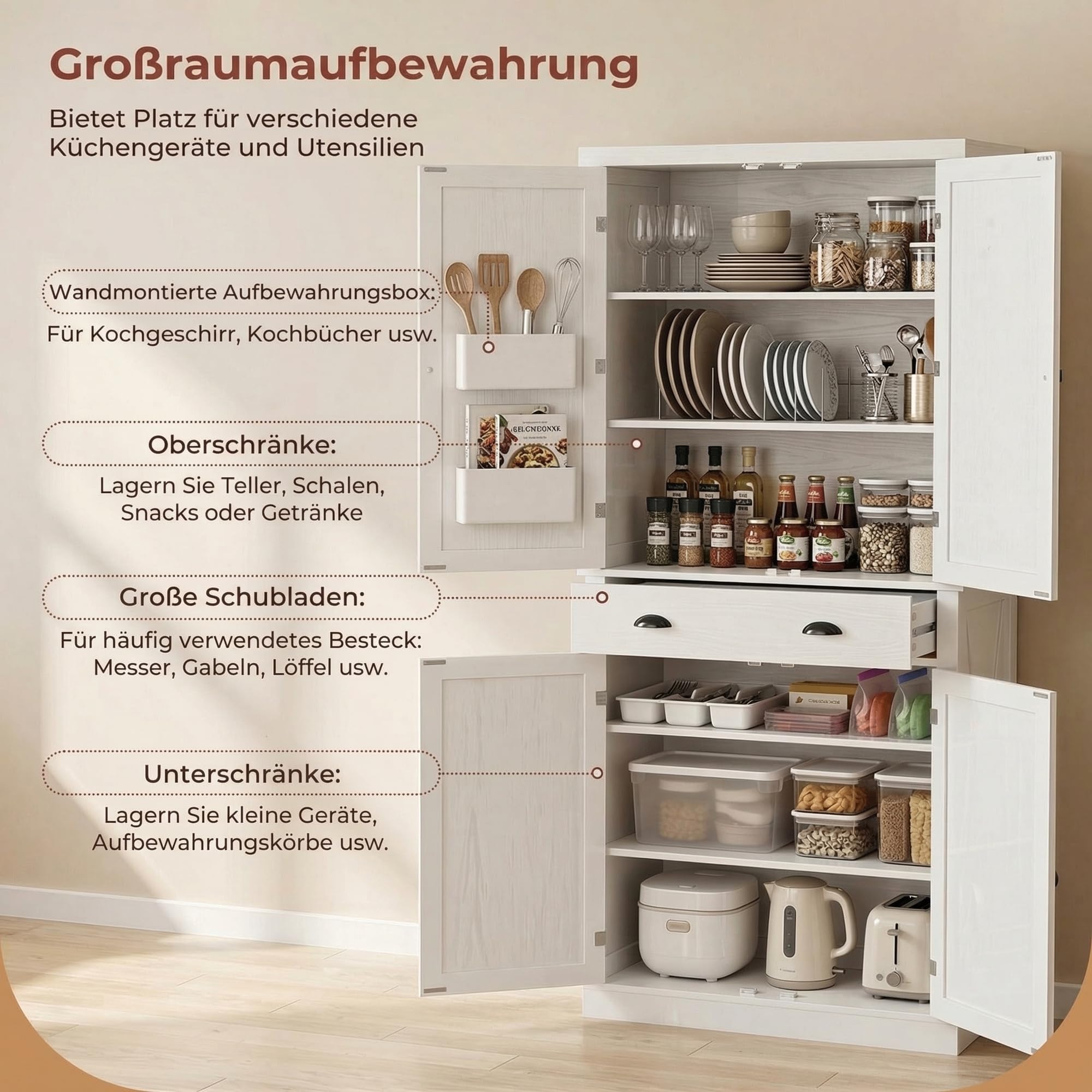 IRONCK Küchenschrank Hochschrank Mit Schubladen, 40 x 77,5 x 184,5 cm, Weiß | Aufbewahrungsschrank Mit Flügeltüren, Schublade, 3 verstellbaren Einlegeböden für Wohnzimmer Küche