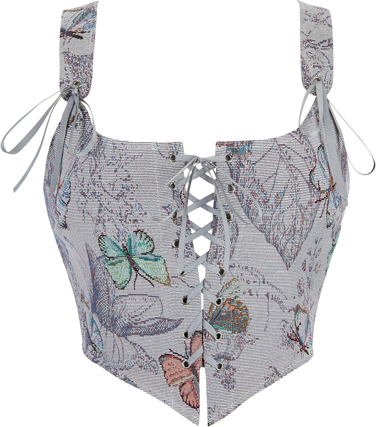 Dreay Womens Vintage Floral Print Grommet Lace Up Tie Front Corset Bustier Shapewear Top