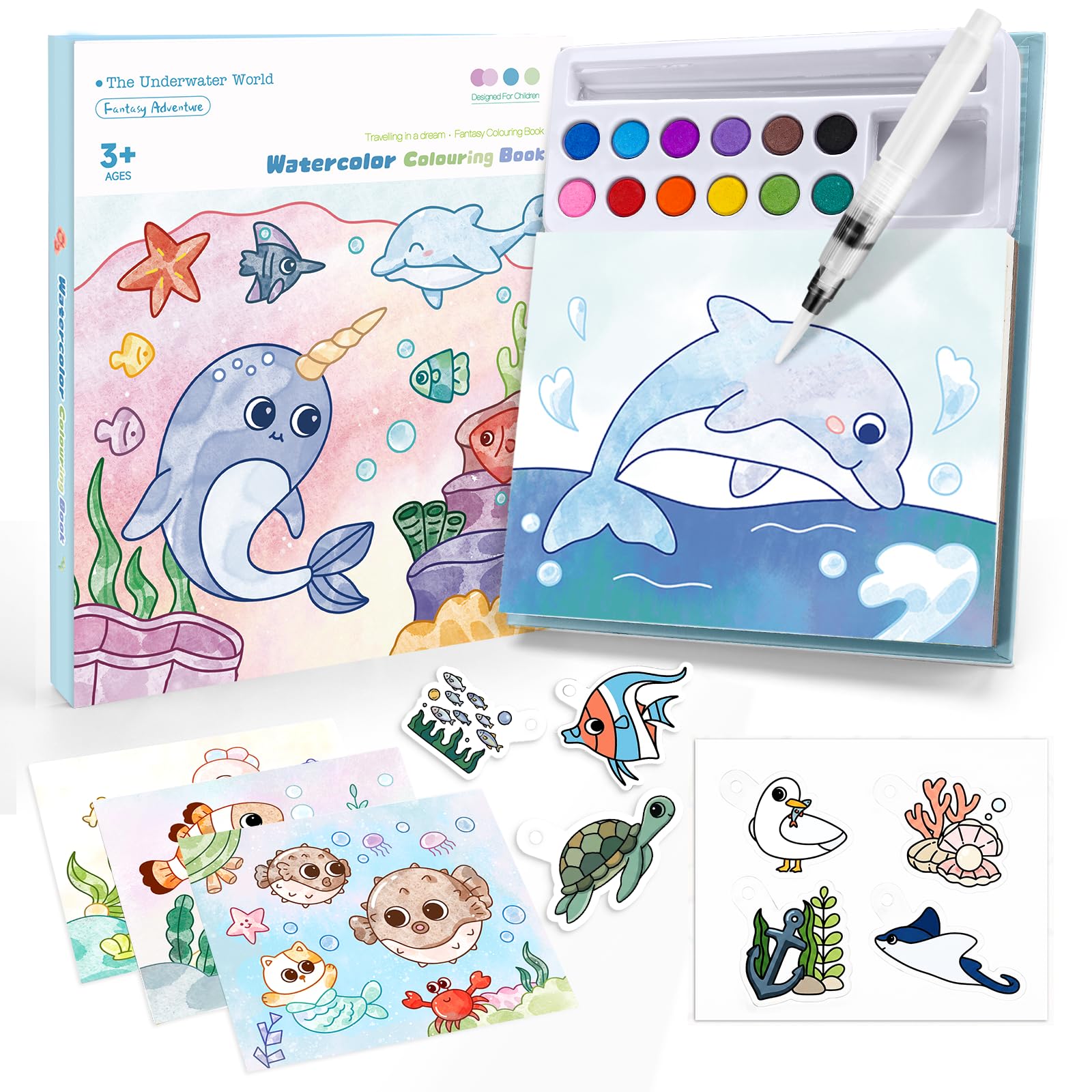 Ocean Watercolor Note Pads For Kids:12 Colors 3-In-1 Paint Set With 3 Types Coloring Workbook & Brush | Art Crafts Activity/Educational Toys For Girls Boys Ages 3+ | No Mess Watercolor Painting Kit