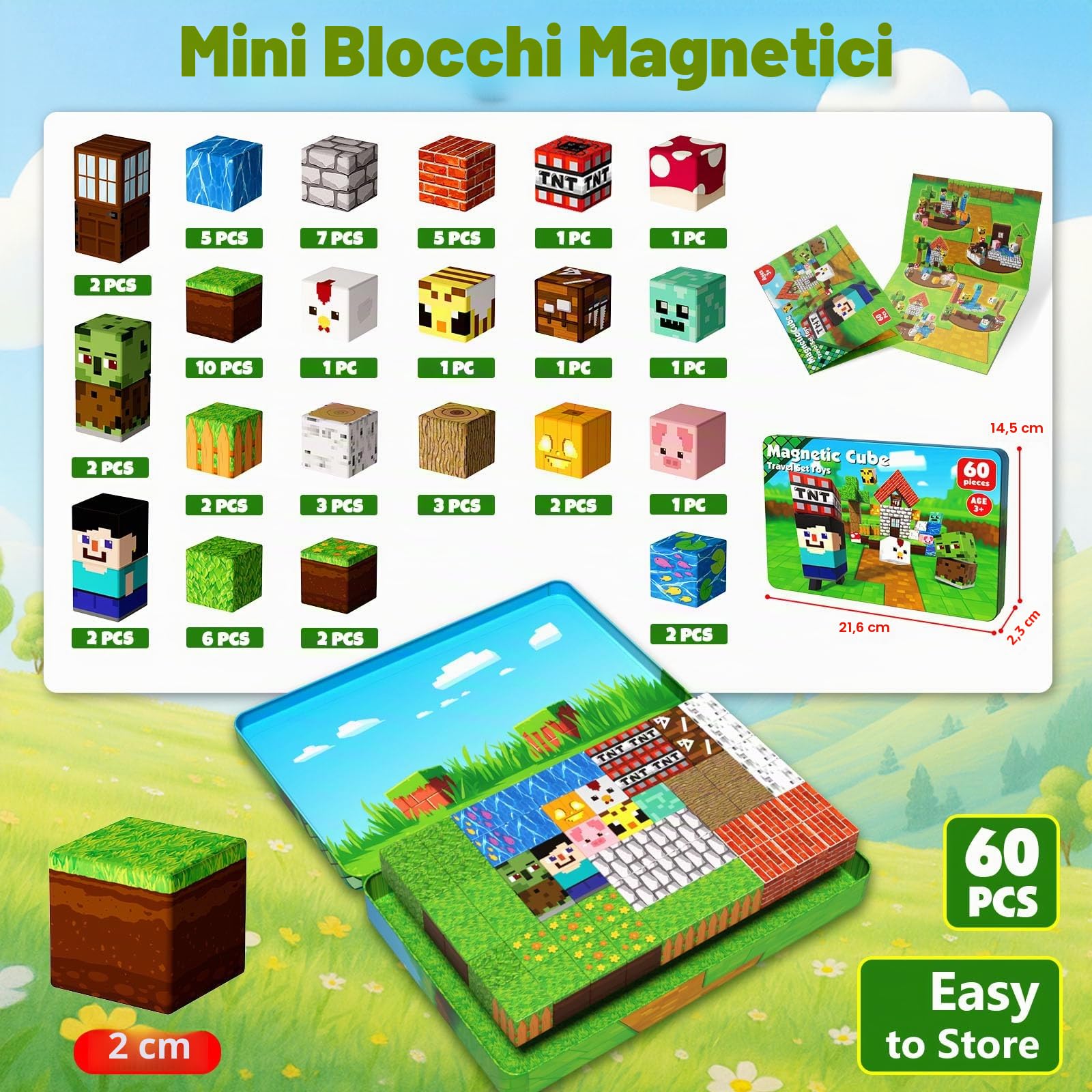 Costruzioni Magnetiche per Bambini da Viaggio 60 Pezzi con Scatola Metallica Portatile Cubi Magnetici Adatti per Giocare in Silenzio in Aereo e in Macchina Giocattolo STEM Regalo Montessori da 3+ Anni