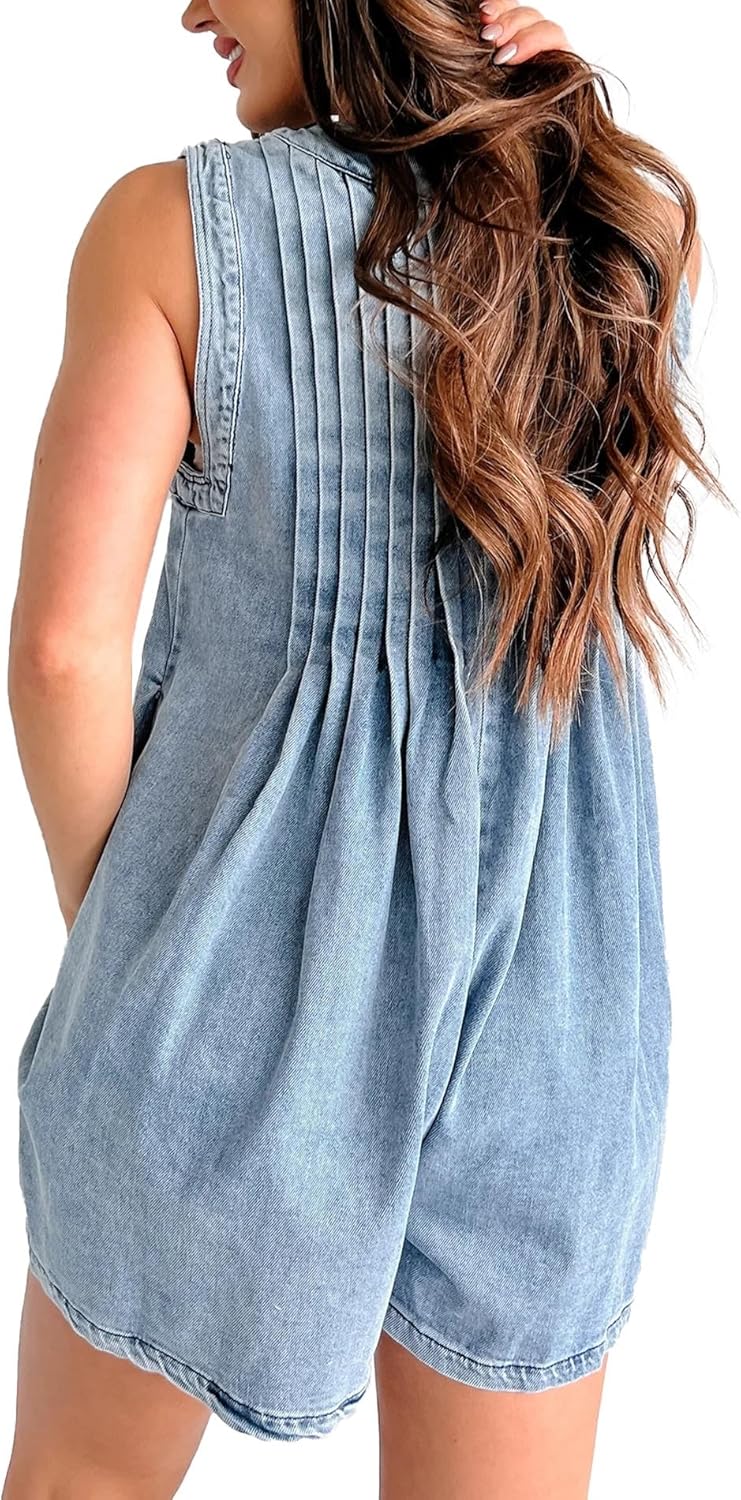 SOMTHRON Women's Casual Sleeveless Denim Romper Tie Front V Neck Summer Jean Overall Shorts With Pockets - Image 2