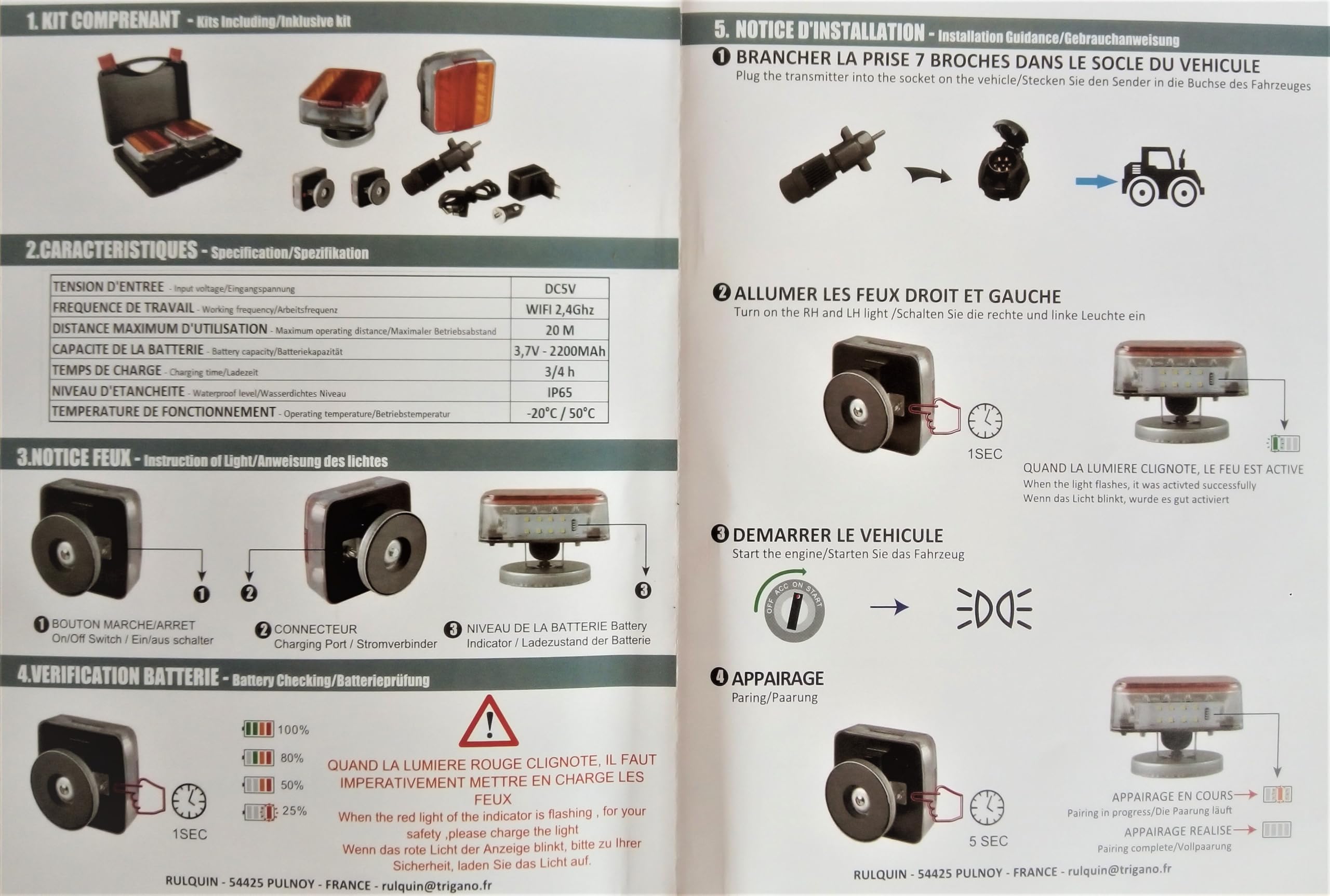 Plaque feu remorque sans fil, kit éclairage arrière led wifi, 12/24 Volts, Fixations Magnétique, chargeur 220V