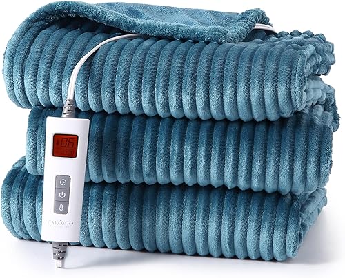 CAROMIO Manta térmica eléctrica de 50 x 60 pulgadas, manta térmica de franela acanalada suave con 6 niveles de calefacción y 8 ajustes de tiempo,