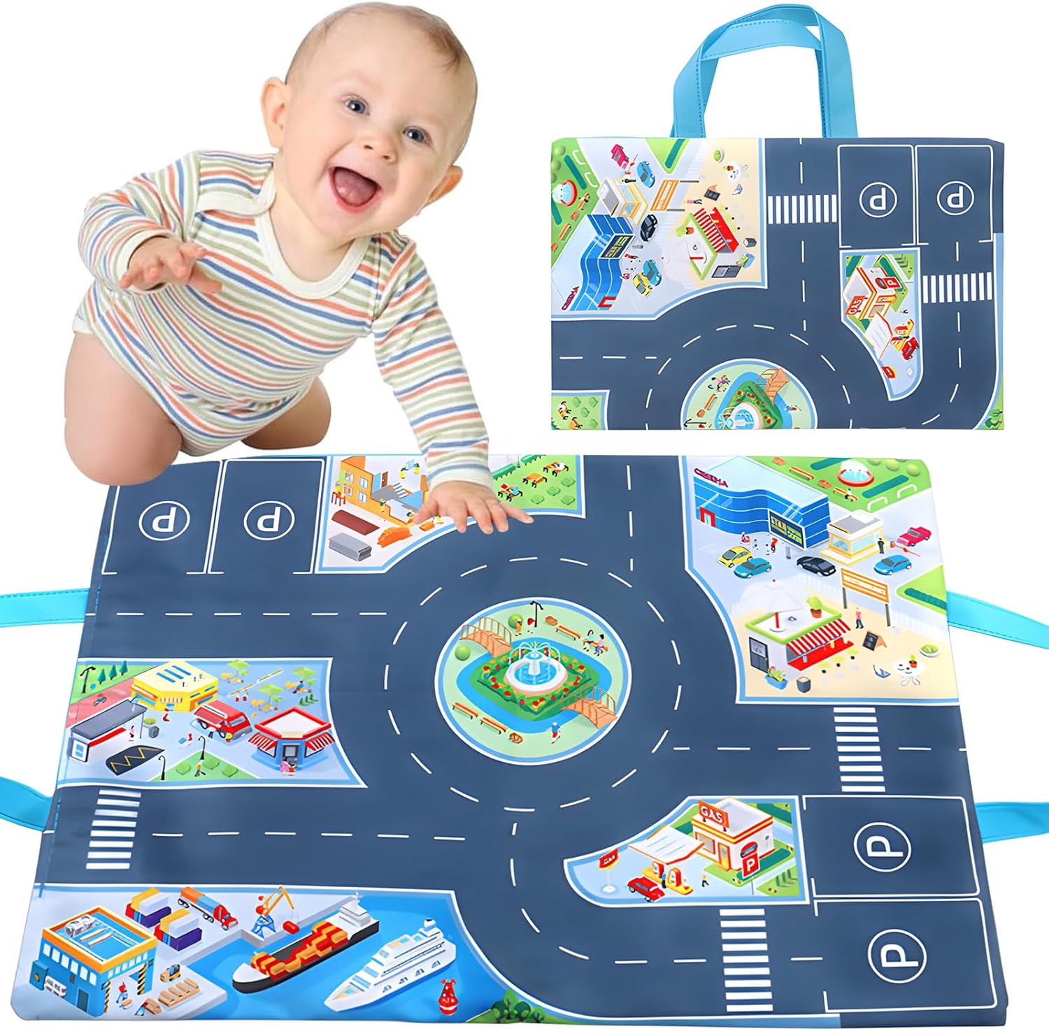 CERICAI 2 in 1 Play Mat/Storage Bag, Toy Cars Mat for Toddlers 1 2 3 Year, Play Mat Baby Cloth Parking Scene Montessori Convenient Learning Toy Soft 2 in 1 Storage Bag for Baby Boys