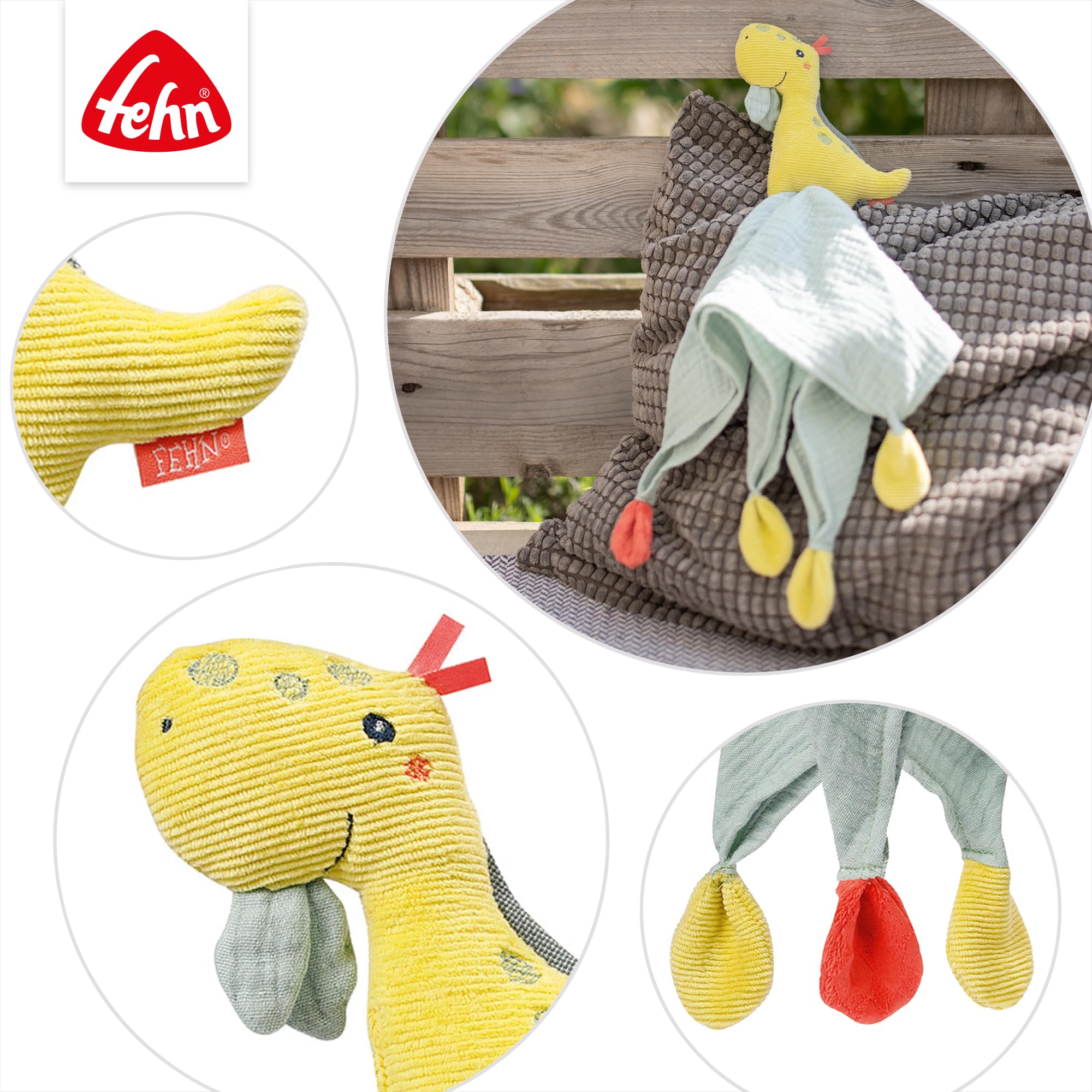 Fehn 051032 Schmusetuch Dino – Spielkamerad, Einschlafhilfe & Stofftier-Schnuffeltuch mit Baumwolle-Musselintuch & Spielfigur Zum Knuddeln, Greifen & Liebhaben – für Babys & Kleinkinder AB 0+ Monaten