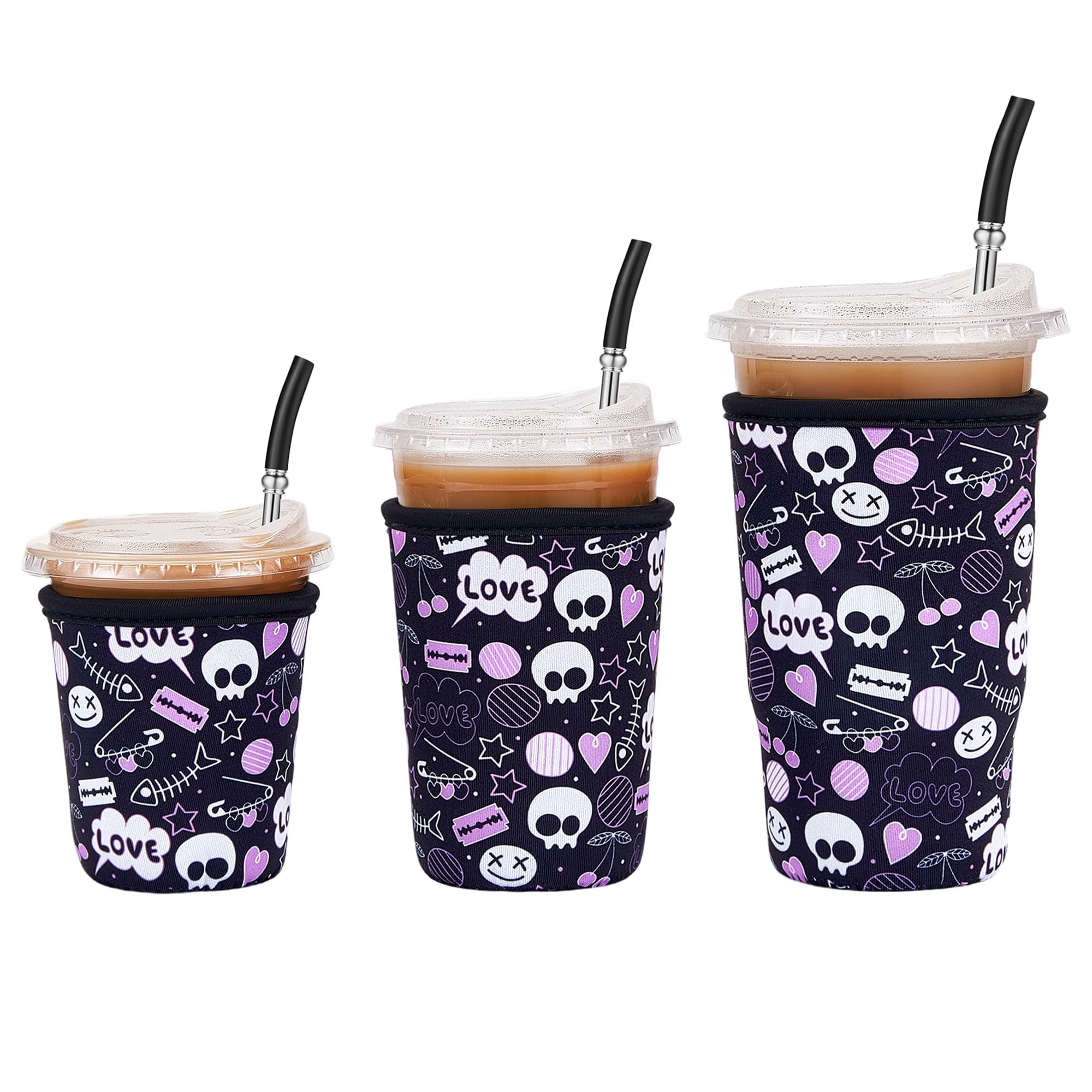 Cavllson 3 Pack Iced Coffee Sleeve Reusable - Neoprene Insulated Cup Sleeve for Cold and Hot Drinks 16-32oz, Keeps Hands Dry and Drinks Cold - Skull