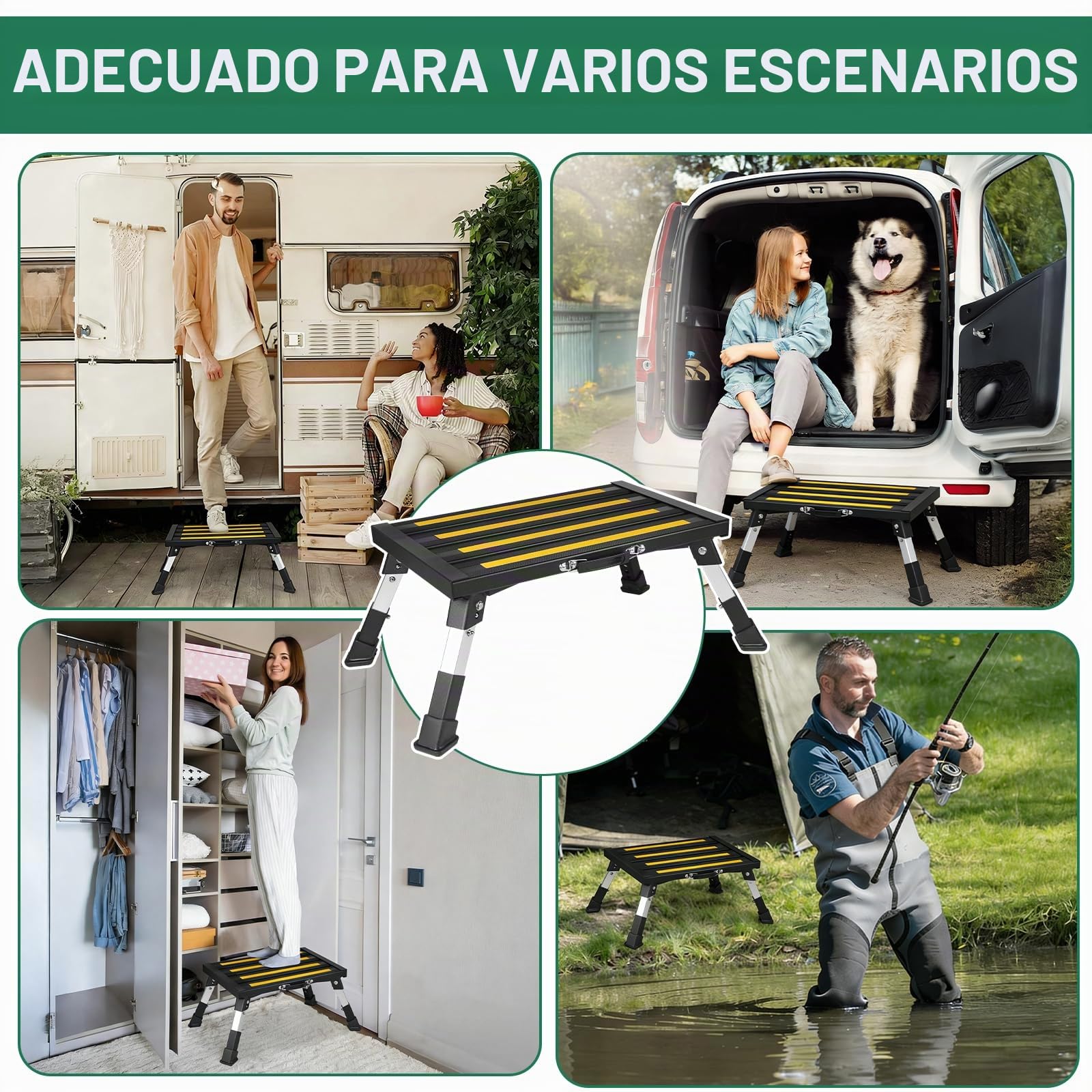 DBREAKS Taburete Plegable Antideslizante de Aluminio con 4 Alturas Ajustables y asa de Transporte, Peldaño Plegable Escalon para Caravanas, para Adultos, Niños, Mascotas(Negro)