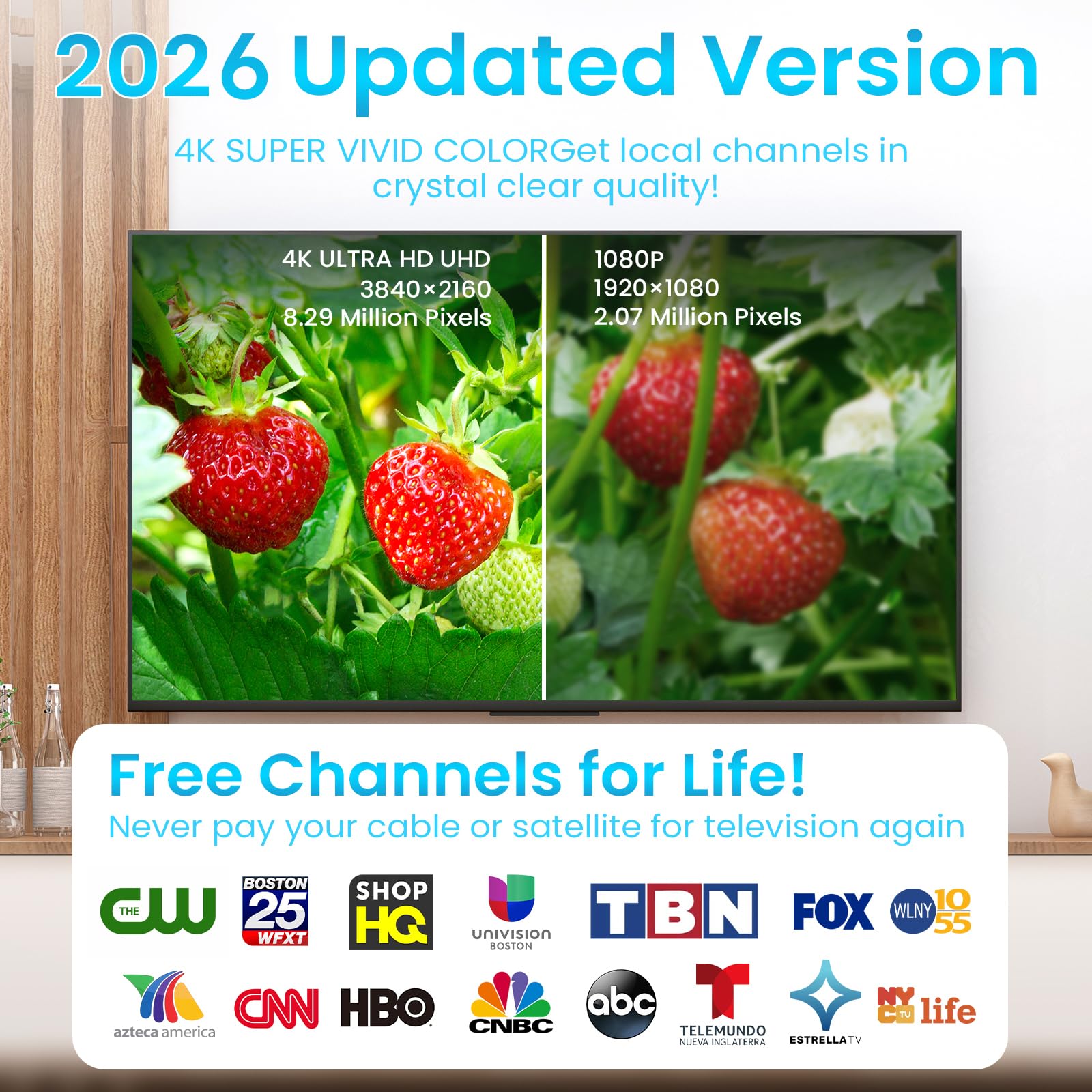 2026 Antenne TV Intérieure Améliorée, 600KM+ Antenne TNT Intérieure à Longue Distance, Réception HD à 360° Chaînes TV Locales, Compatible avec Les TVs Intelligents et Anciens, Câble Coaxial de 10M