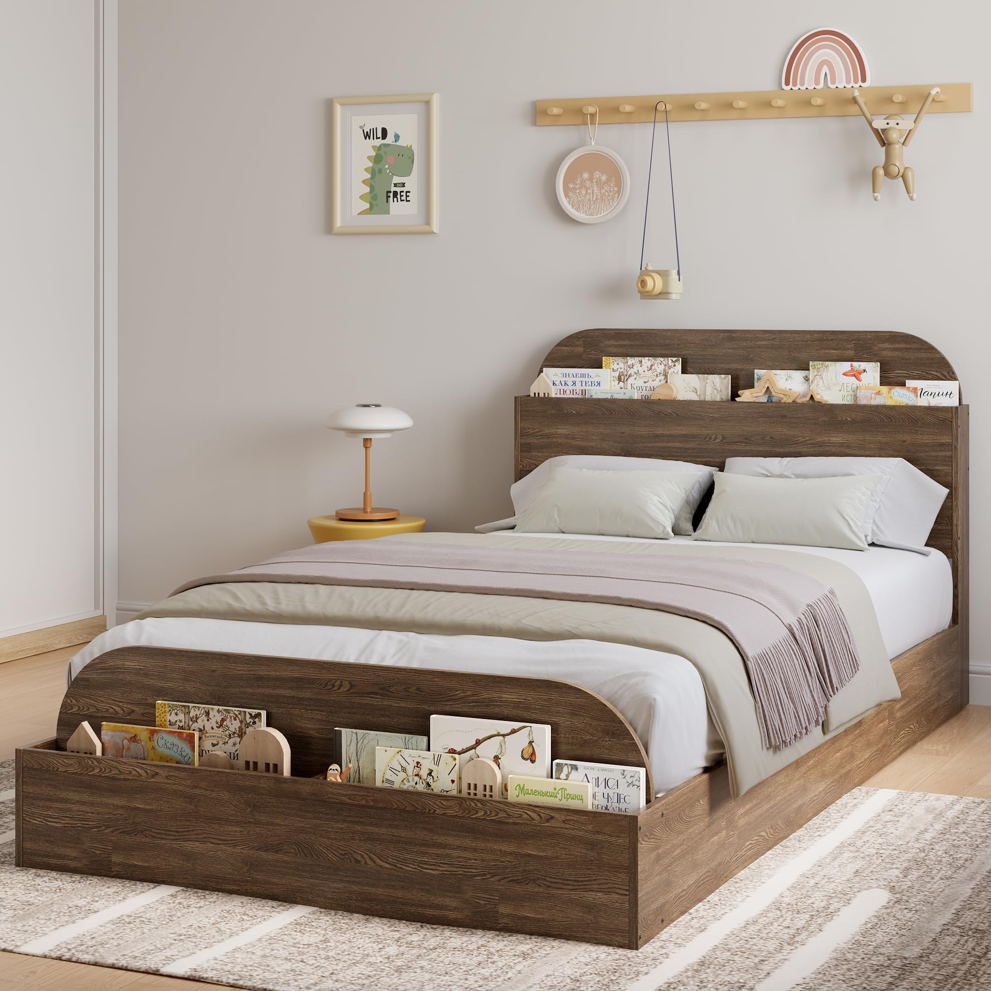 Garvee Twin XL Size Bed Frame with Storage Headboard and Raised Footboard – Wooden Twin-Floor Low Platform Bed for Kids, Heavy Duty & Noise Free, No