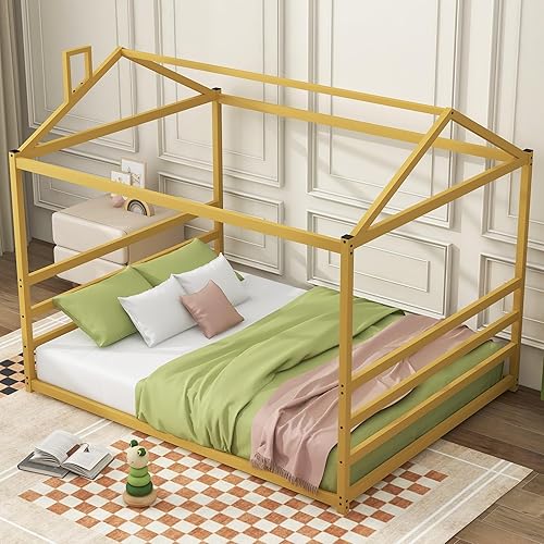 Miniatura 13 de CITYLIGHT Cama individual de metal para niños, cama Montessori individual con techo, marco de cama de suelo para niñas, muebles de dormitorio de