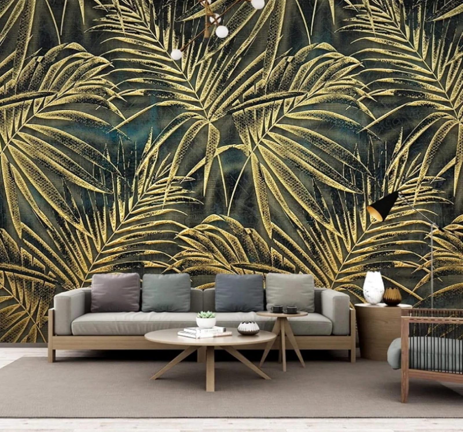 XLMING Retro Minimalist Three Dimensional Gold Palm Leaves 3D Wallpaper Luxury Silk Study Dining Feature Sofa Grey Bedroom Living Room Tv Decorative Wall-400cm×280cm