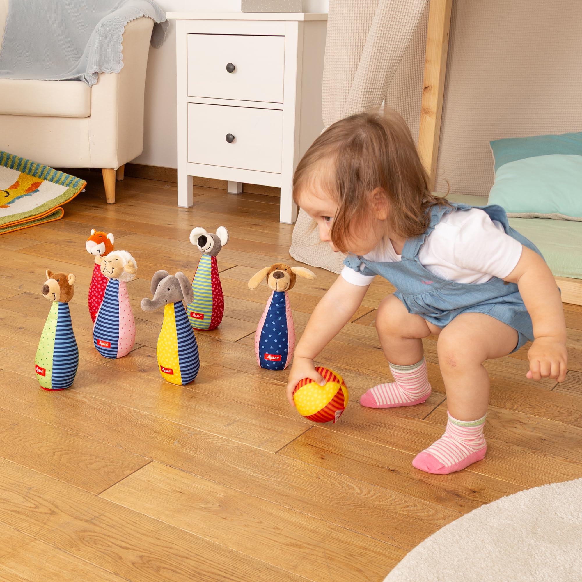sigikid Baby Bowling Kegelspiel Baby- & Kleinkindspielzeug Motorikspielzeug Rasseln & Greiflinge PlayQ Aktivitätsspielzeug Mädchen und Jungen ab 3 Monaten, waschbar