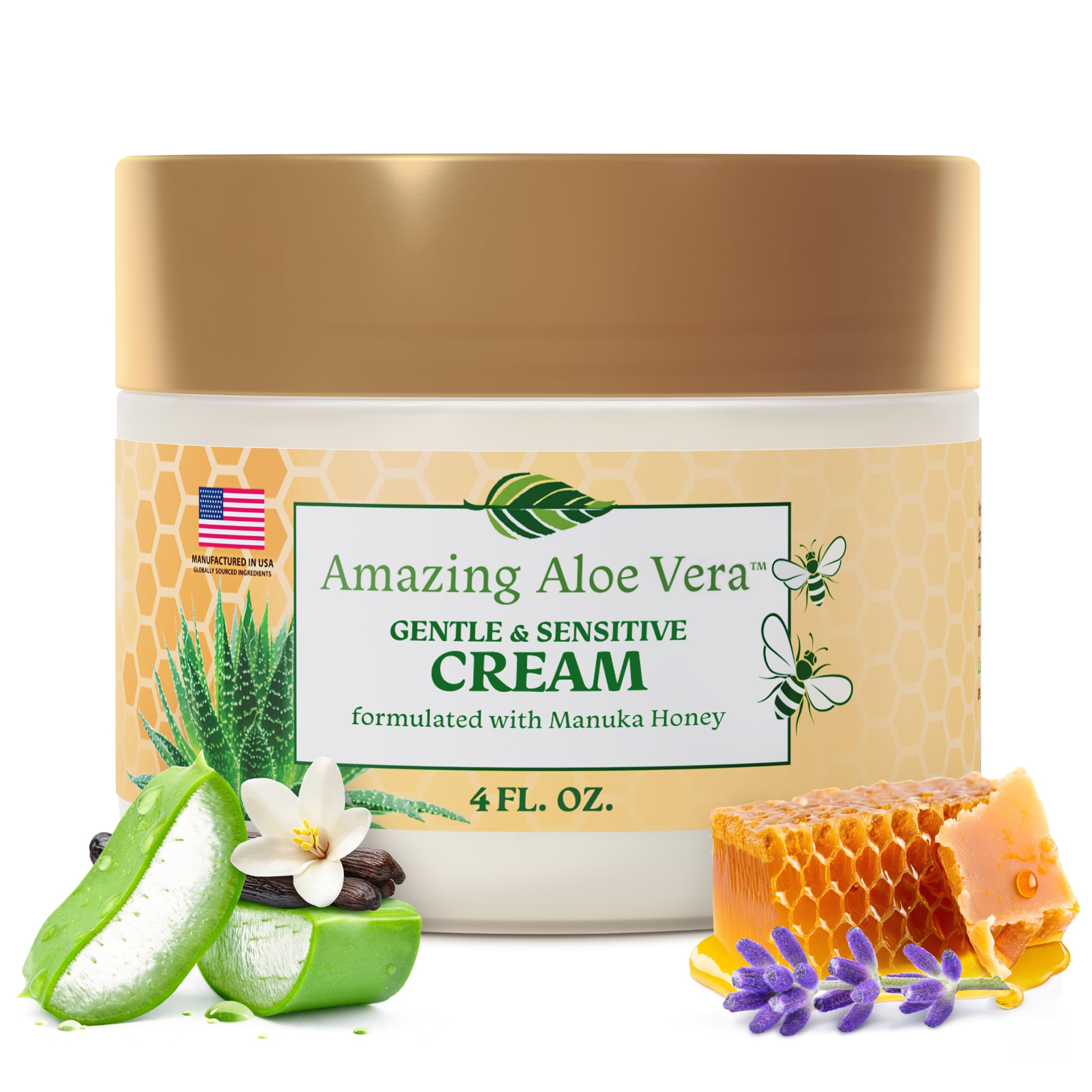 Manuka Honey Cream, Gentle & Sensitive Face Moisturizer for Dry Skin, Vanilla & Lavender Body Cream with Jojoba Oil & Shea Butter, Rich Daily Hydrating Face & Body Moisturizer, 4 oz