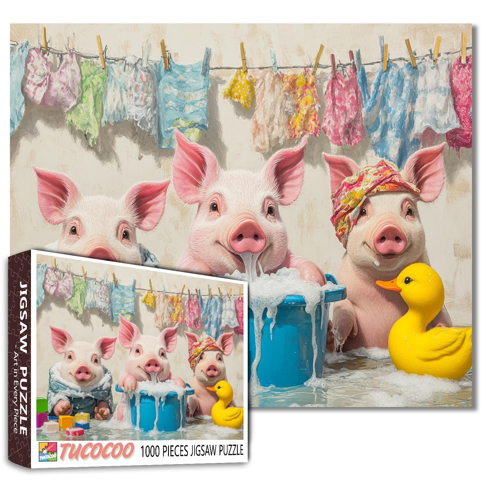 Funny Farm Animal Jigsaw Puzzle，3 Pigs Doing Laundry Scene 1000 Pieces Jigsaw Puzzles for Adults，27 x 20 Inches Puzzles for Families，HD Quality Puzzle Gift，Activity Game Night