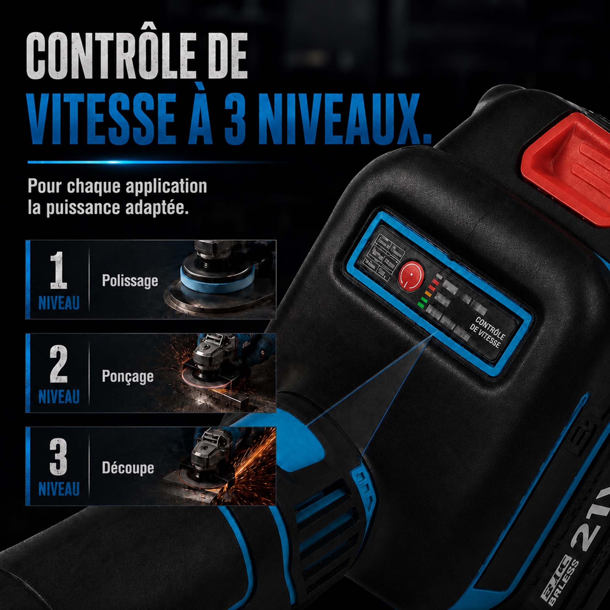 Meuleuse d’angle sans fil 125 mm, meuleuse brushless 10000 tr/min avec 2 batteries 4,0 Ah et chargeur, pour métal, pierre et carrelage, avec coffret