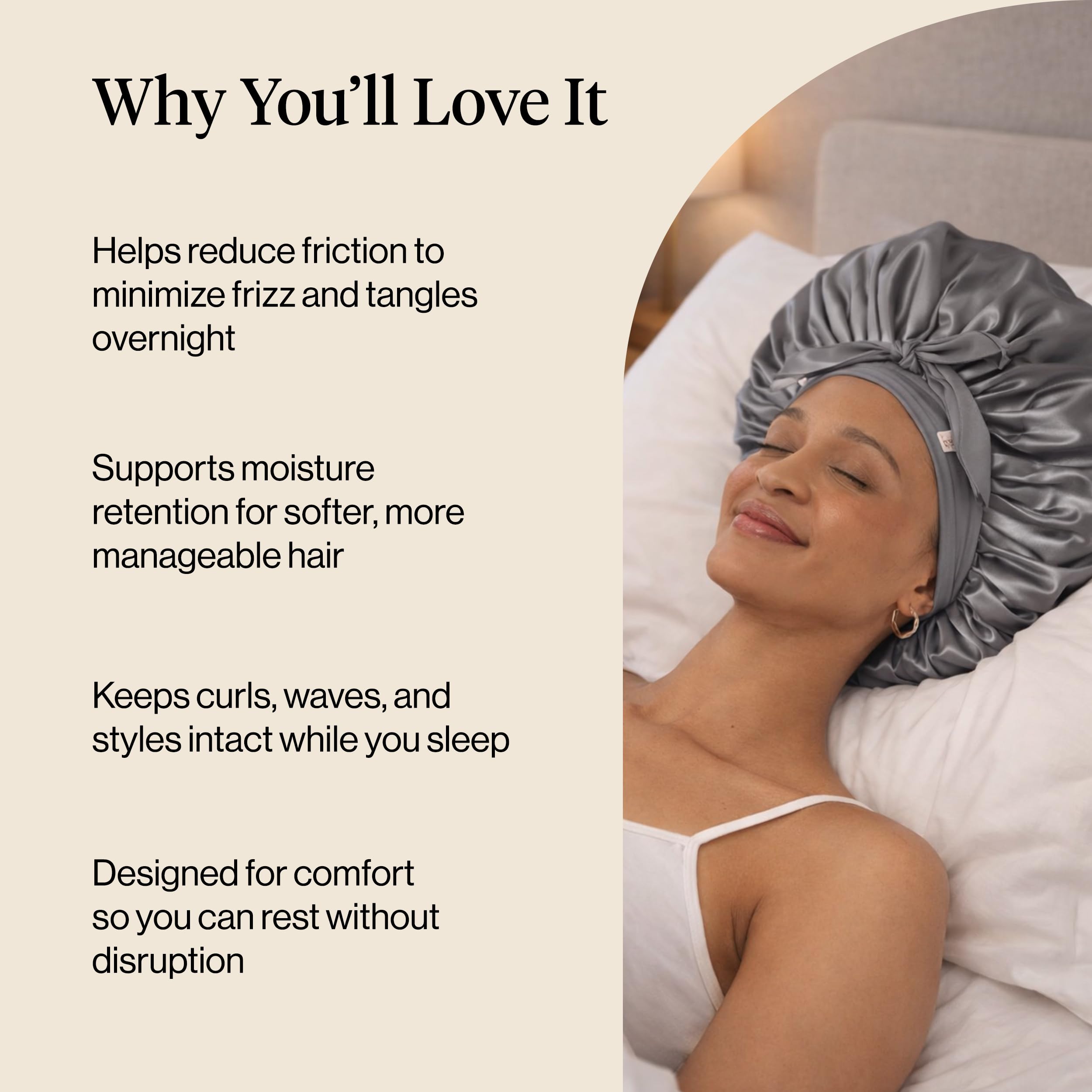 Kitsch Bonnet XL en satin pour dormir, plus doux que la soie pour femme, ajustement sécurisé, bonnet de nuit réglable pour cheveux bouclés et texturés, empêche la casse, les nœuds et l'amincissement