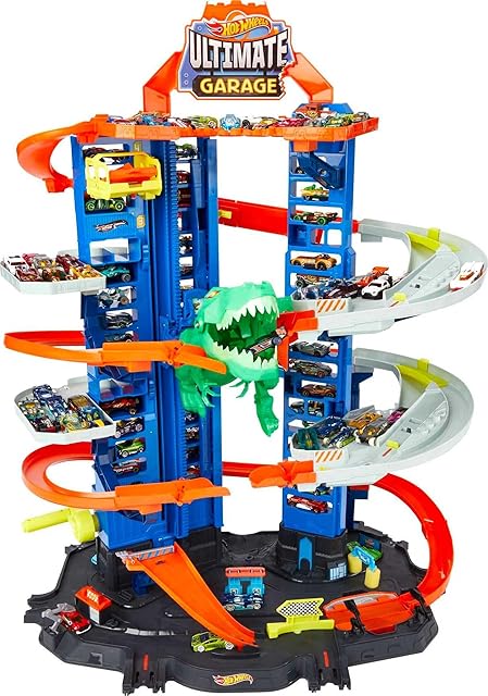 Hot Wheels City Mega Garaż T-Rexa, wielopoziomowy parking z miejscem na ponad 100 samochodzików w skali 1:64, świetny pomysł na prezent dla dzieci od 5 roku życia, GJL14