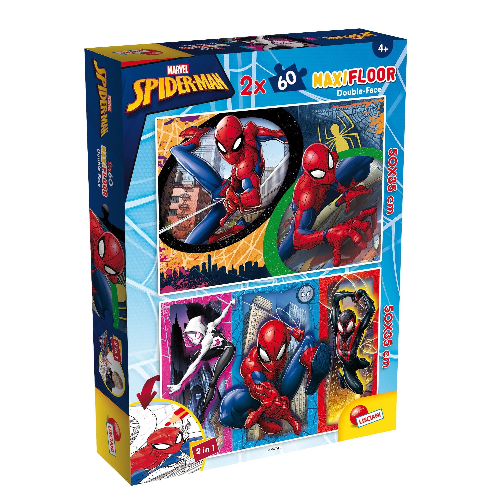 Lisciani - MARVEL SPIDER MAN MaxiFloor DF Puzzle - Double-Sided Puzzle for Children from 4 years - 2 x 60 Pieces - Format 50x35 cm - Colouring on Back - Creative Activity - Birthday Gift Idea