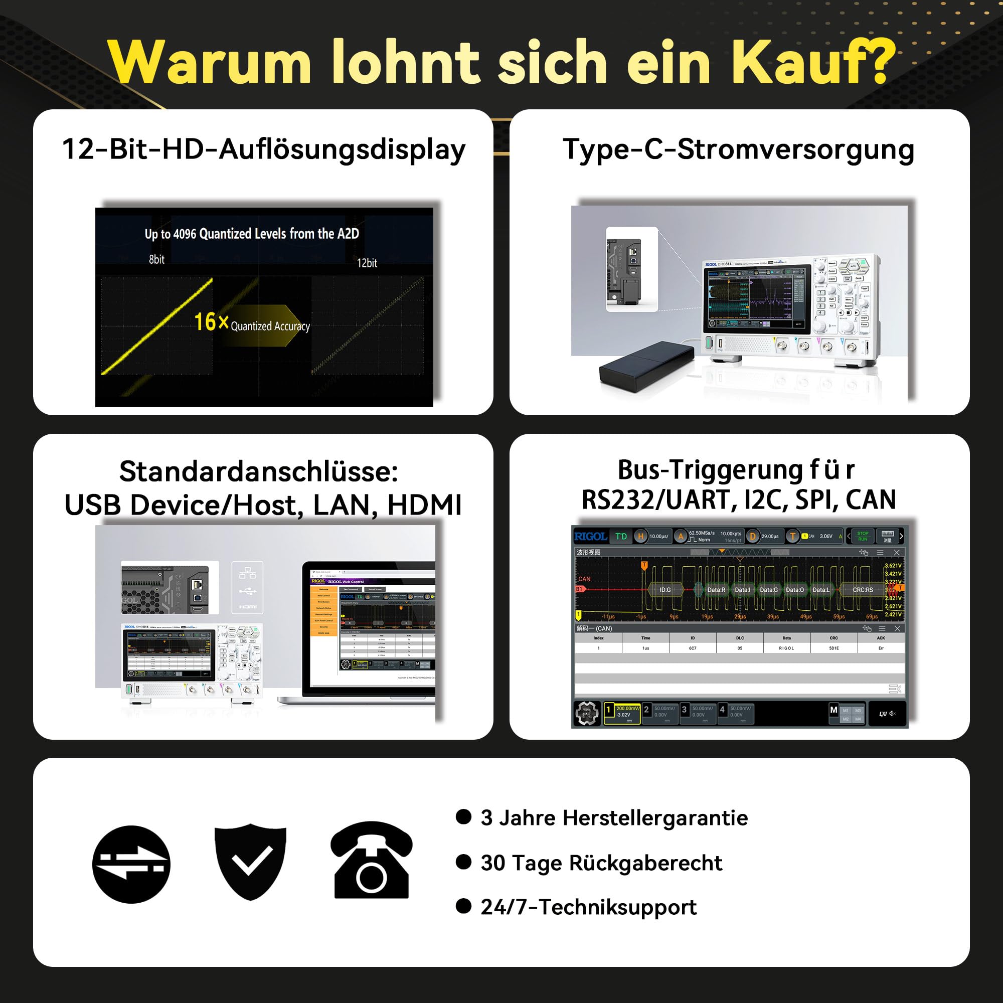 RIGOL Oszilloskop,DHO804 Tragbares Digitales Oscilloscope,70MHz Bandbreite,4 analoge Kanäle,12bit vertikale Auflösung,niedriges Grundrauschen,Unterstützung für mobile Netzteile