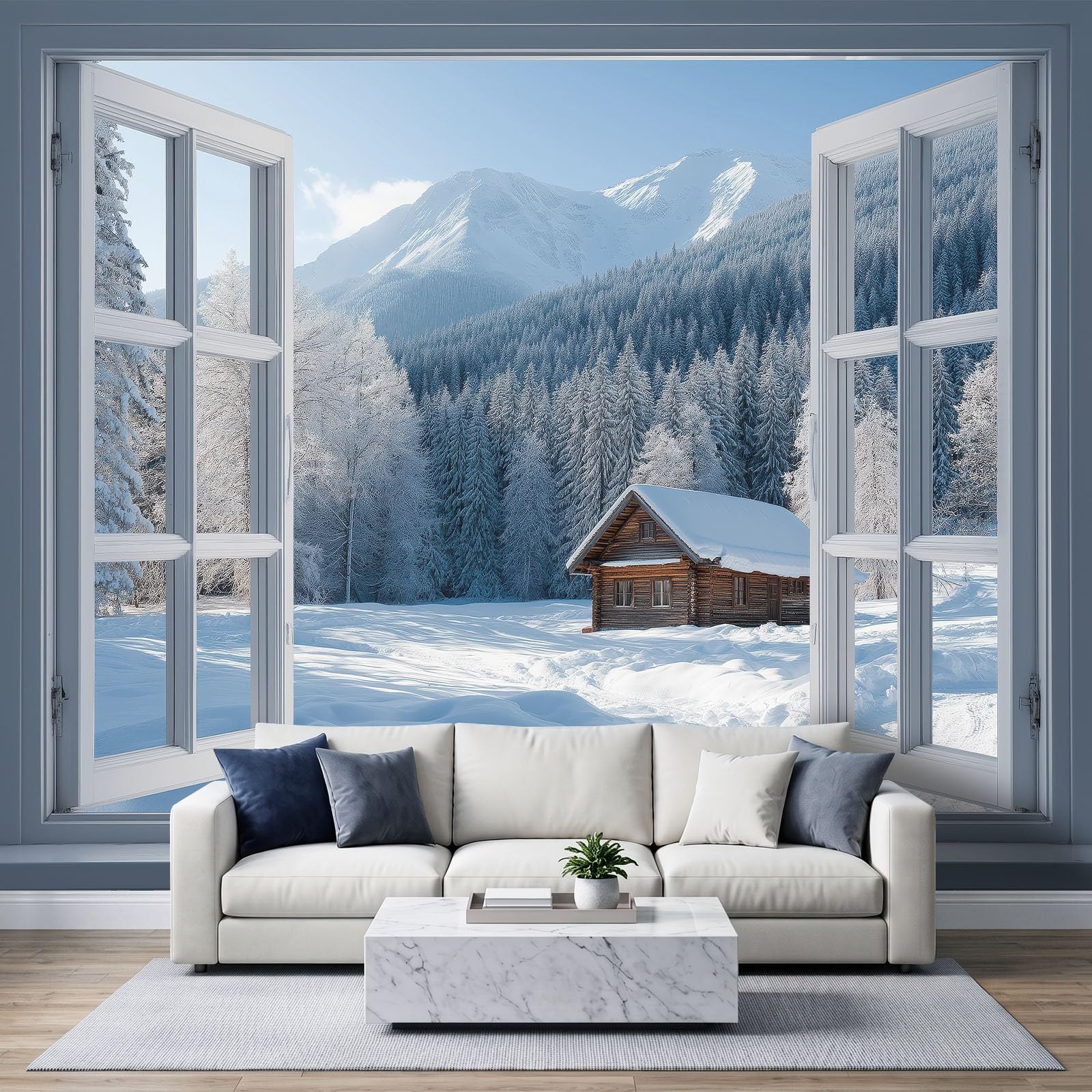 Zimowa pasterska tapeta panoramiczna z włókniny 500 l x 280 cm, rustykalna natura śnieżna góra chata freskowa fototapeta do sypialni biura - szaro-niebieska panoramiczna tapeta łatwa w montażu