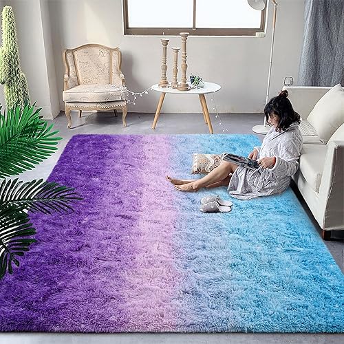 Miniatura 8 de DweIke Alfombras mullidas de lujo para niños para sala de estar, dormitorio, alfombra grande de 5 x 8 pies, alfombra de área morada y azul para