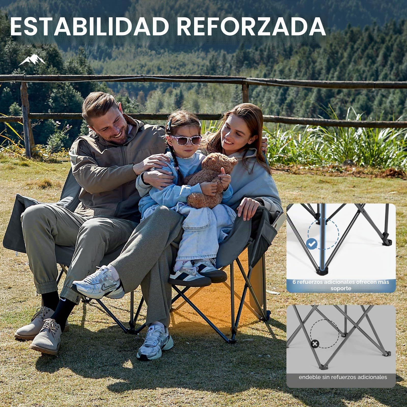 Portal Silla de camping plegable para 2 personas, soporta 272 kg, muy suave, con bolsa de almacenamiento, silla plegable doble, sofá plegable, acolchado grueso, respaldo alto para exterior, jardín
