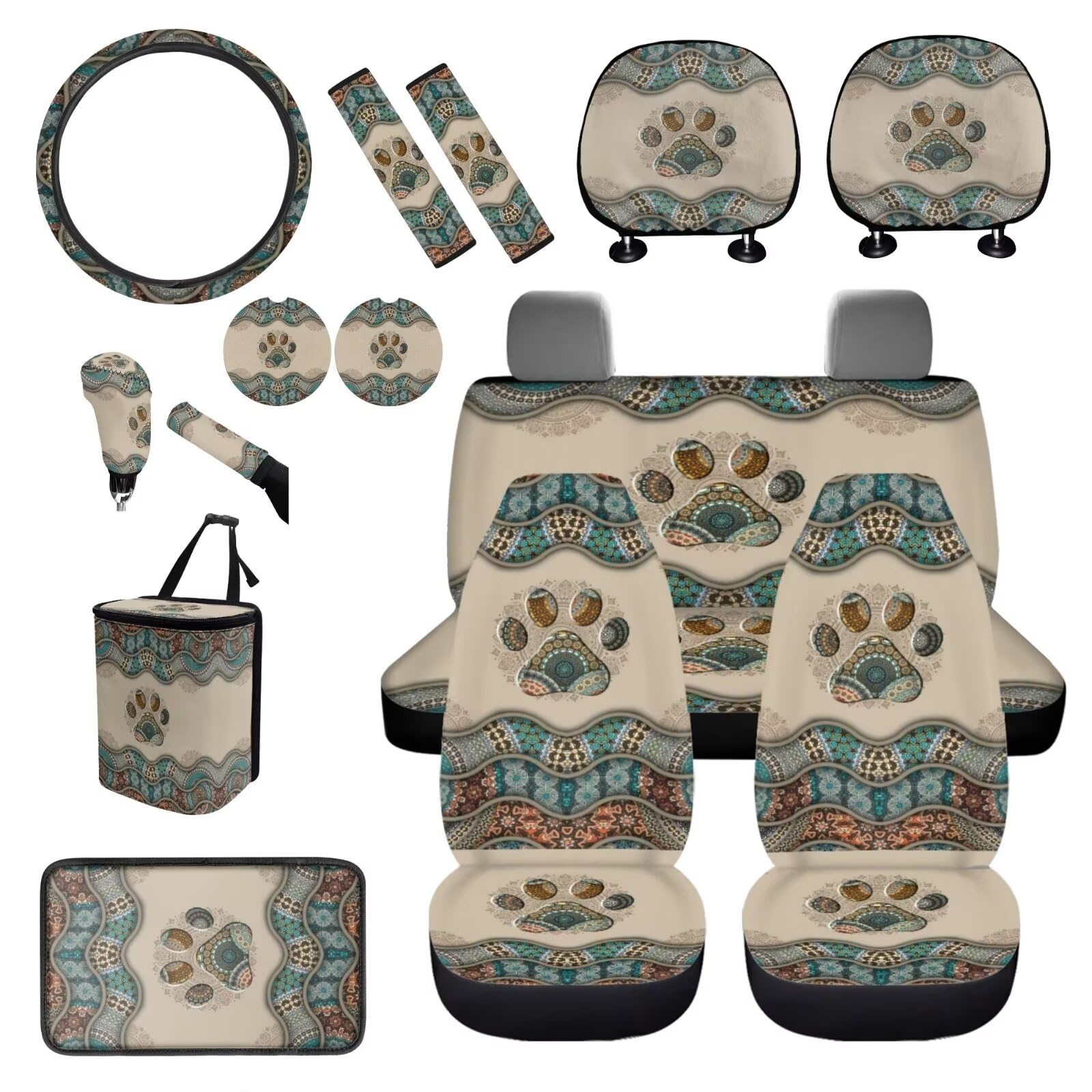 BIGCARJOB Boho Dog Paw Car Seat Cover Full Set 15 Pieces Boho Print Car Interior Accessories Set with Universal Steering Wheel Cover Car Trash Can