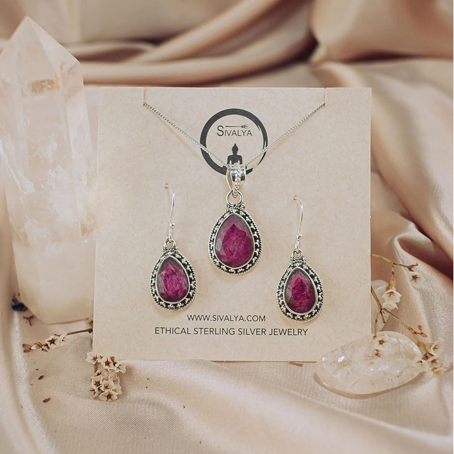 AMALFI Raw Ruby Necklace and Earring Set in Solid Silver - Jewelry Set for Women in 925 Sterling Silver - Natural Pear Stones - Raw Ruby Gemstone Jewelry- Gift Packaging Included