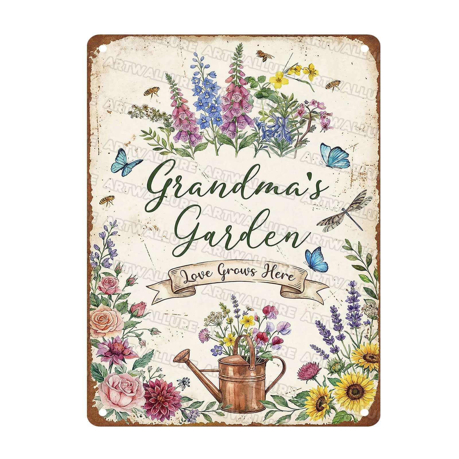 Garden Floral Tin Sign Heartwarming Wall Art Grandma's Garden Love Grows Here Metal Signs For Grandmas Backyard Front Porch Patio Yard 12x16Inch