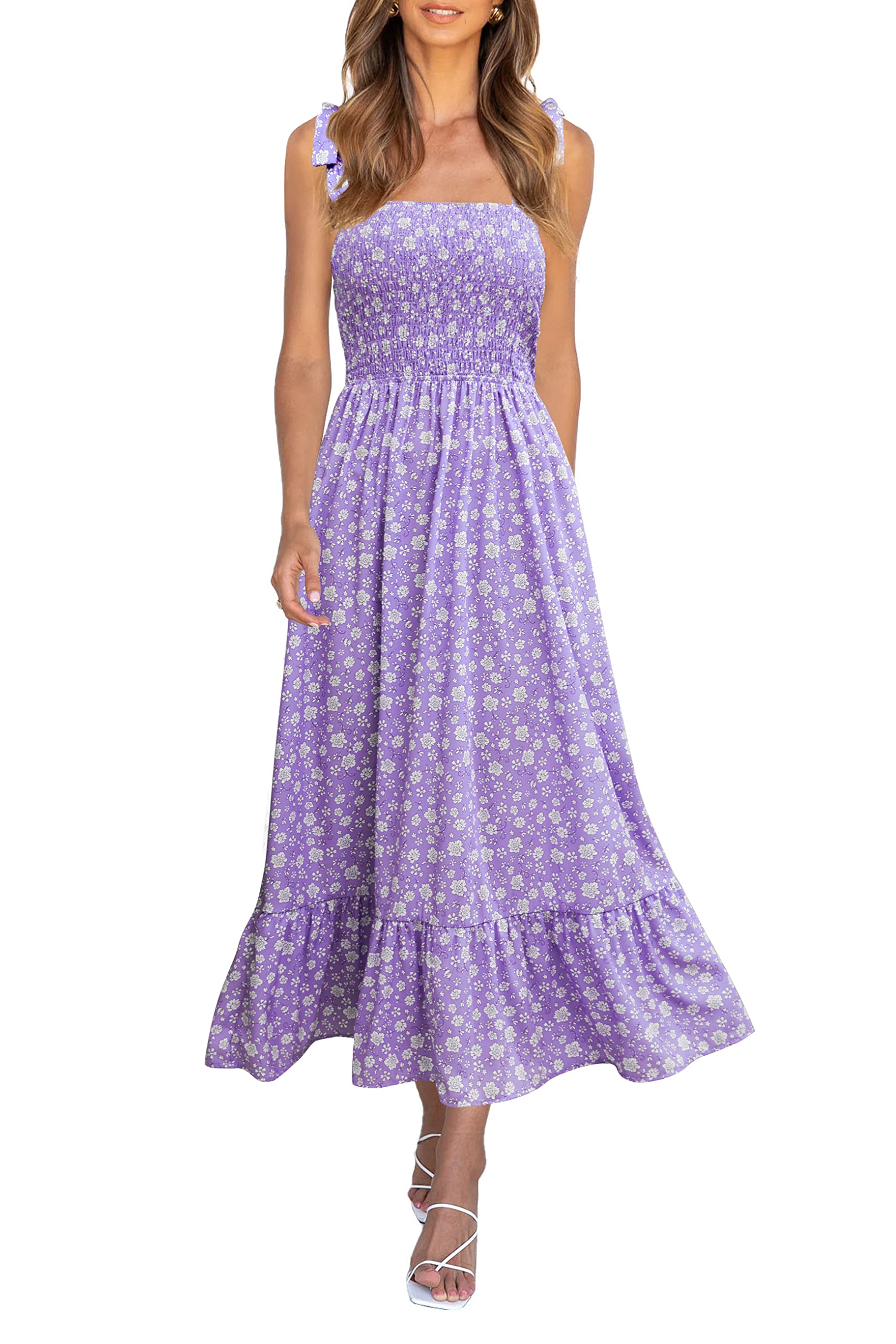 Imily Bela Womens Summer Smocked Maxi Dresses Floral Boho Beach Sundress