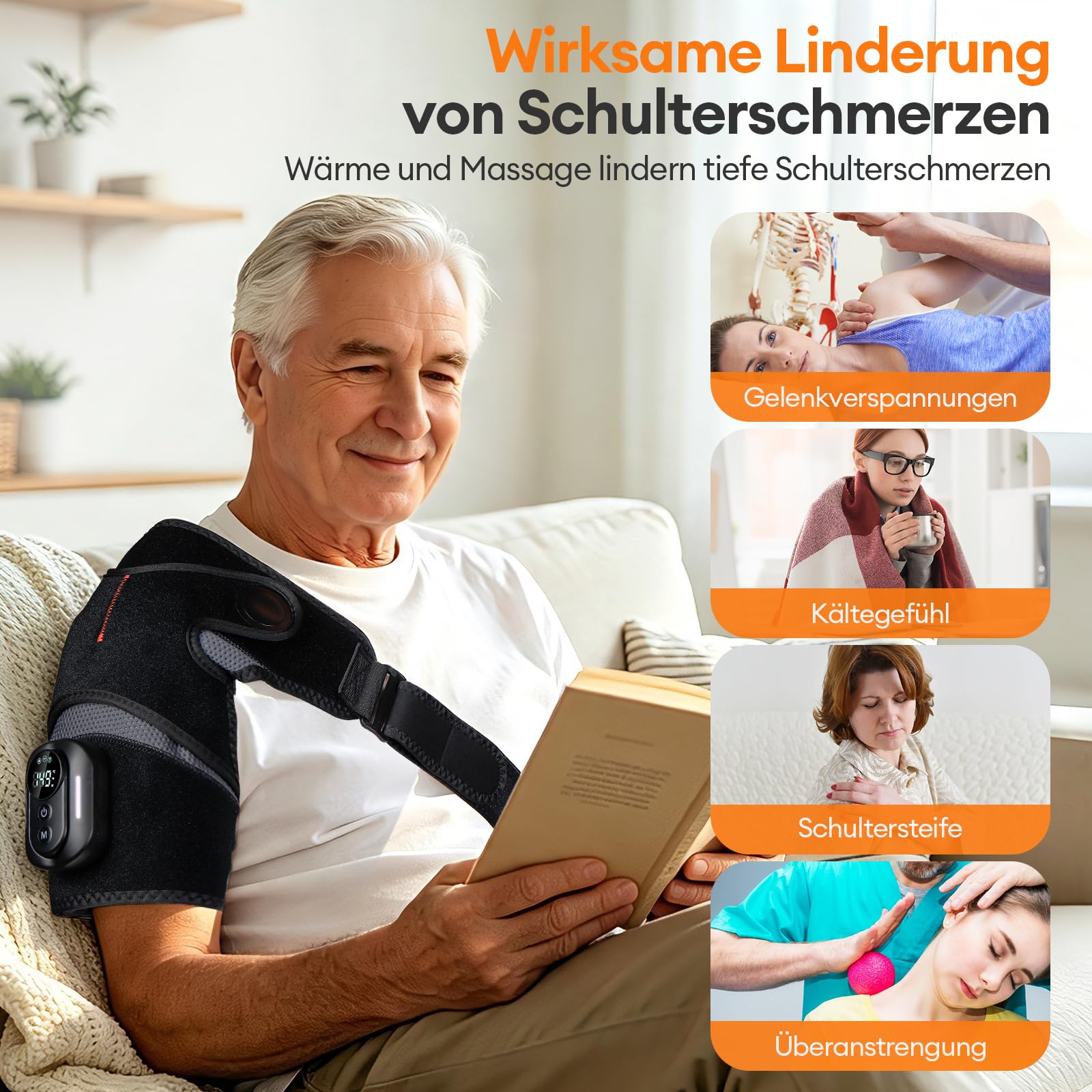 Kabelloses Schulter-Heizkissen mit abnehmbarer magnetischer Fernbedienung, kabelloses Schulter-Heizkissen mit Wärmefunktion, 5000 mAh Akku, 5 Heizstufen, 5 Vibrationsmodi, 3 Timer