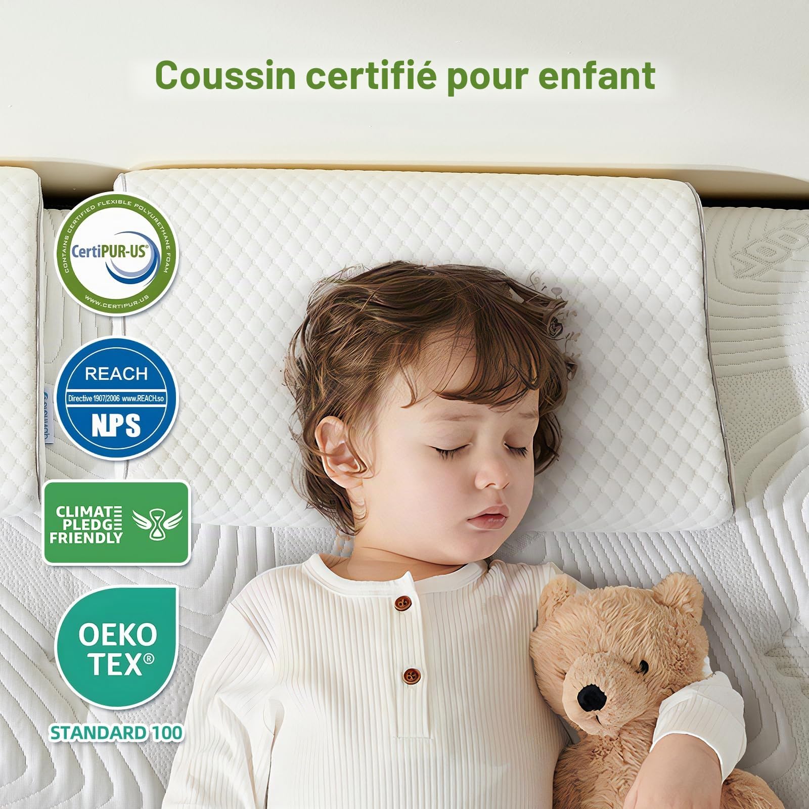 Coussin ergonomique en mousse à mémoire de forme pour enfant de 3 à 10 ans - Avec housse en coton Öko-Tex - 30 x 51 x 4/6 cm - 2 hauteurs différentes