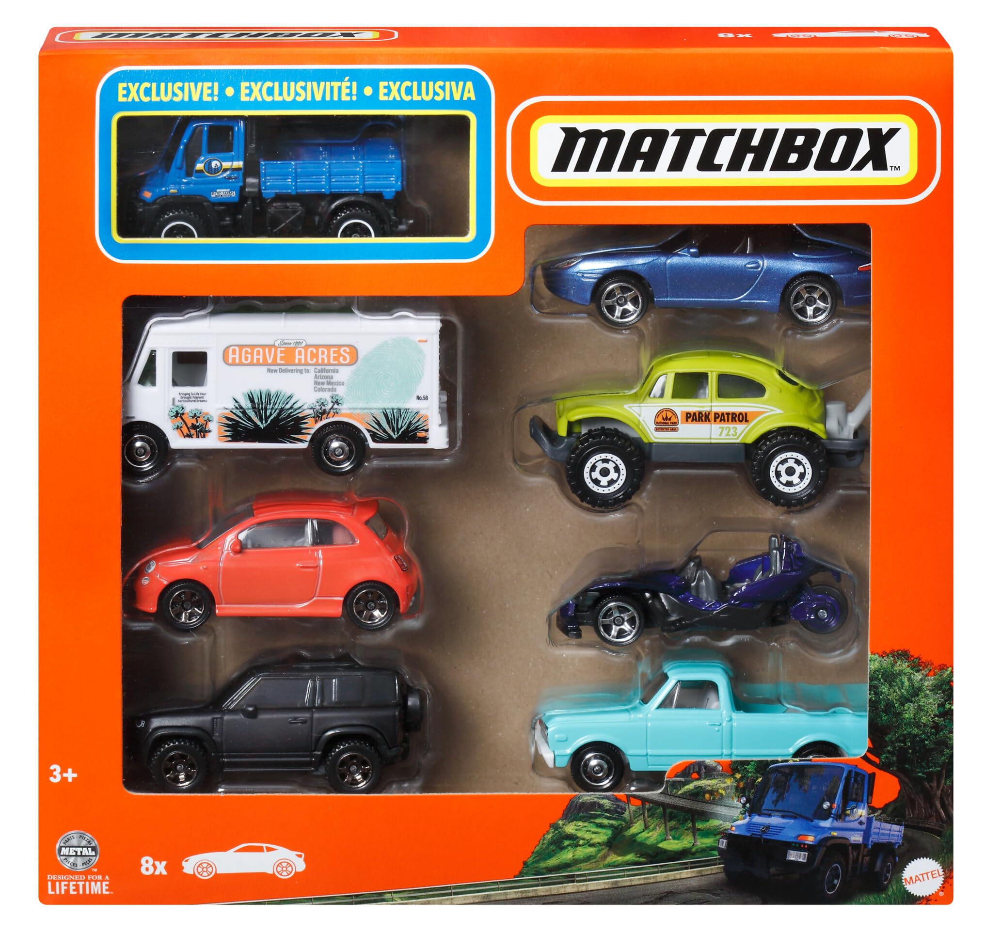1:64 Scale Die-Cast Toy Cars or Trucks (Assorted Styles, One Random Set), Set of 8, Themed Multipack of 8 Vehicles Including 1 Exclusive, HVR81