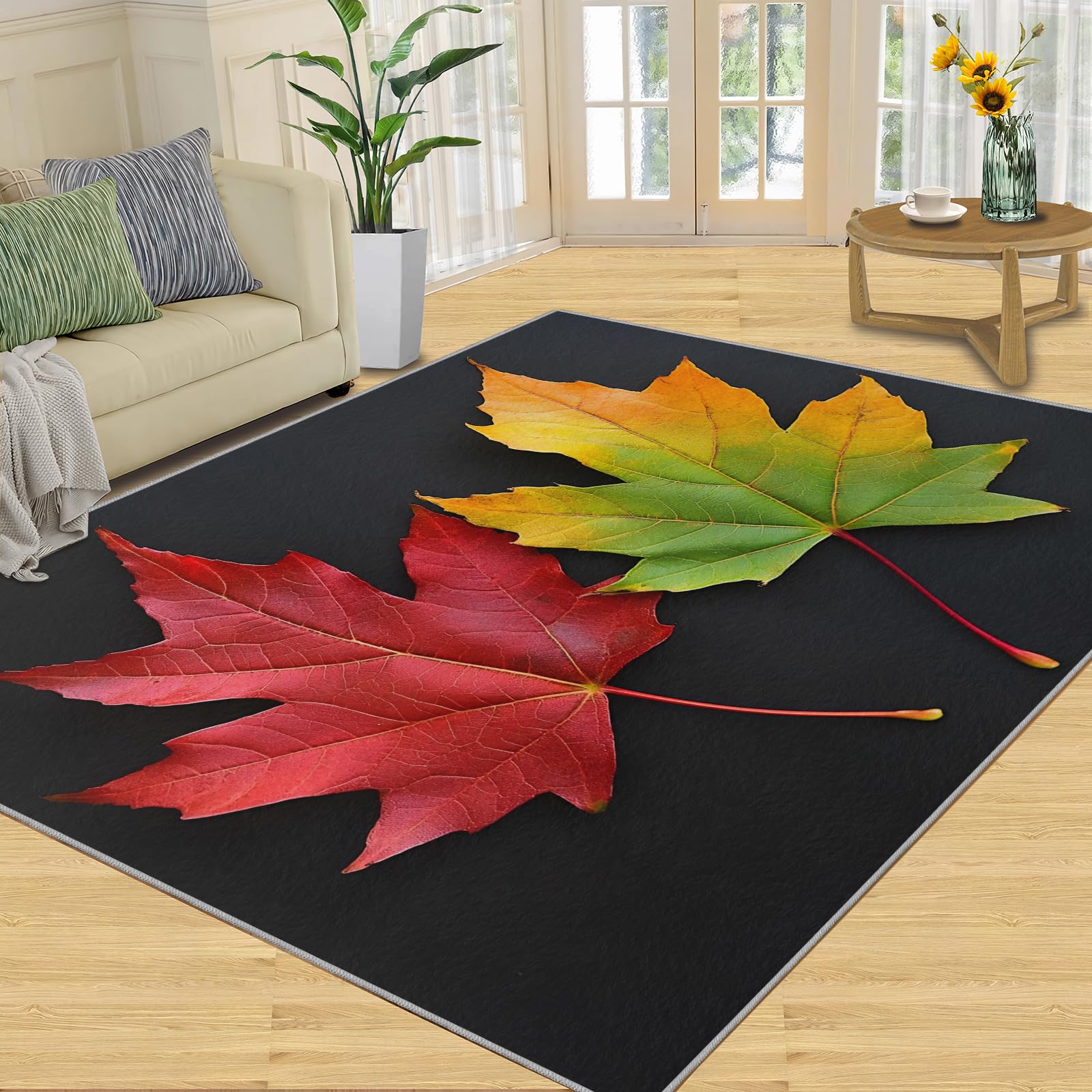 Tapis à poils courts motif feuille d'érable grand format 228 x 355 cm pour salon