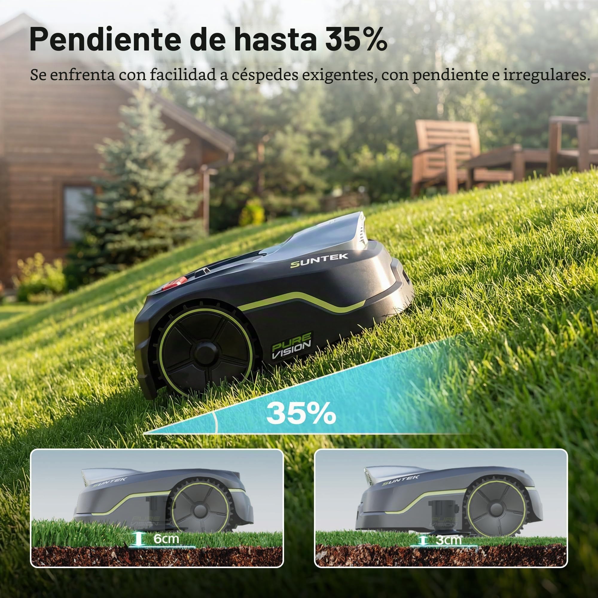 SUNTEK Robot cortacésped inalámbrico periférico – Robot recortadora IA + visión para 250 m², tecnología IA cámara, pendiente hasta 35°, estanqueidad IPX5, cartografía automática, multizonas, control