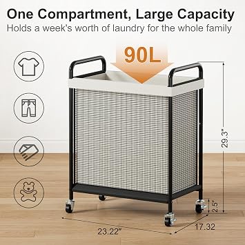 WOWLIVE Rolling Laundry Hamper with Wheels, 90L Laundry Basket with Removable Liner Bag, Laundry Sorter with Metal Handle, Large Capacity Clothes Hamper for Laundry Room, Bathroom and Dorm, Beige