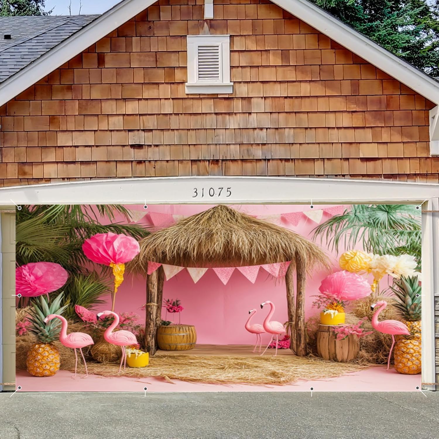 Pink Flamingo Paper Flowers Garage Door Cover Banner 8x16ft Large Summer Tropical Party Decorations Thatched Hut Plam Tree Wedding Party Backdrop