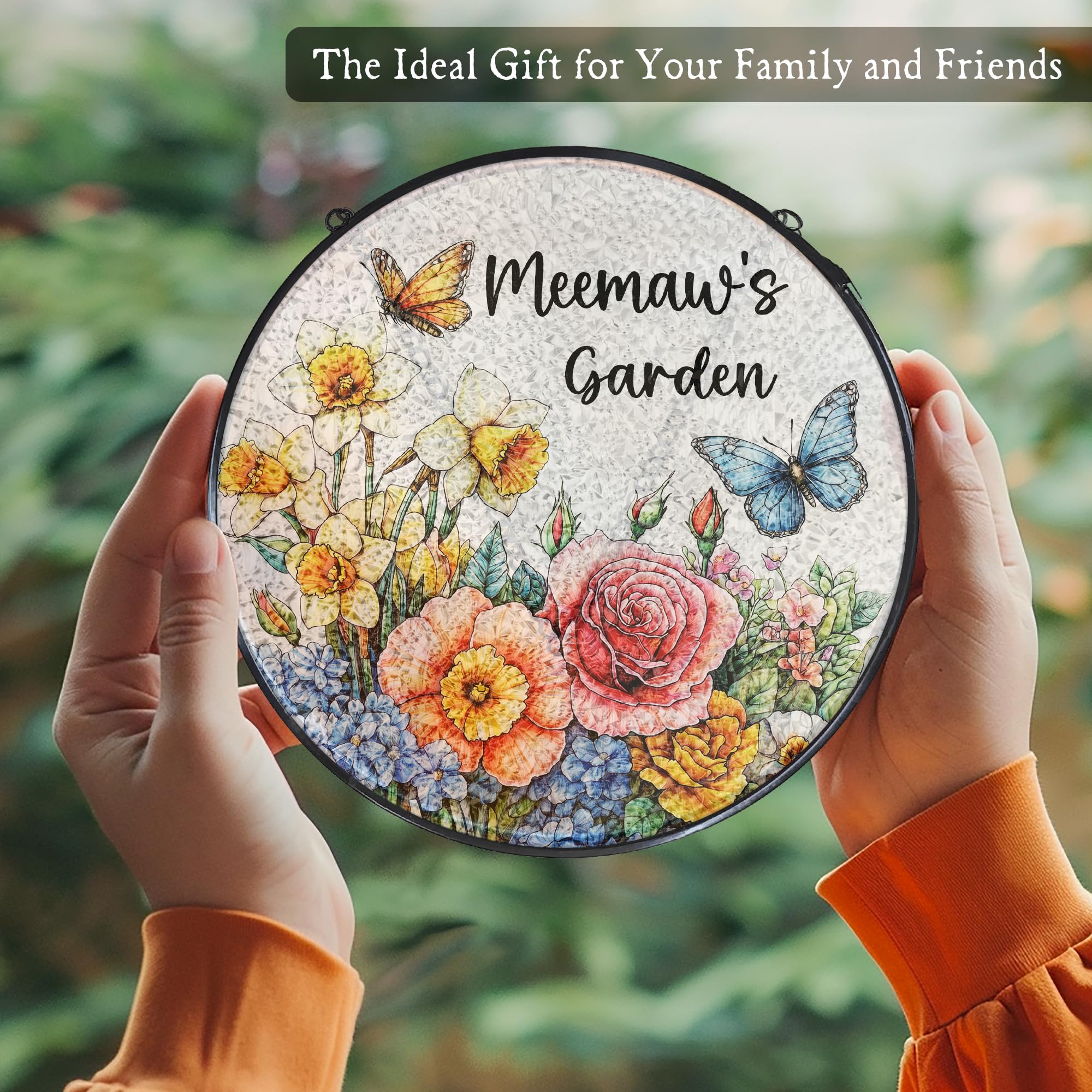 Meemaw's Garden Gifts Stained Glass Suncatcher for Grandma from Grandkids, Meemaw Grandma Gifts Window Hanging Wall Art Decoration for Mothers Day Christmas Birthday, 7.8 x 7.8 in