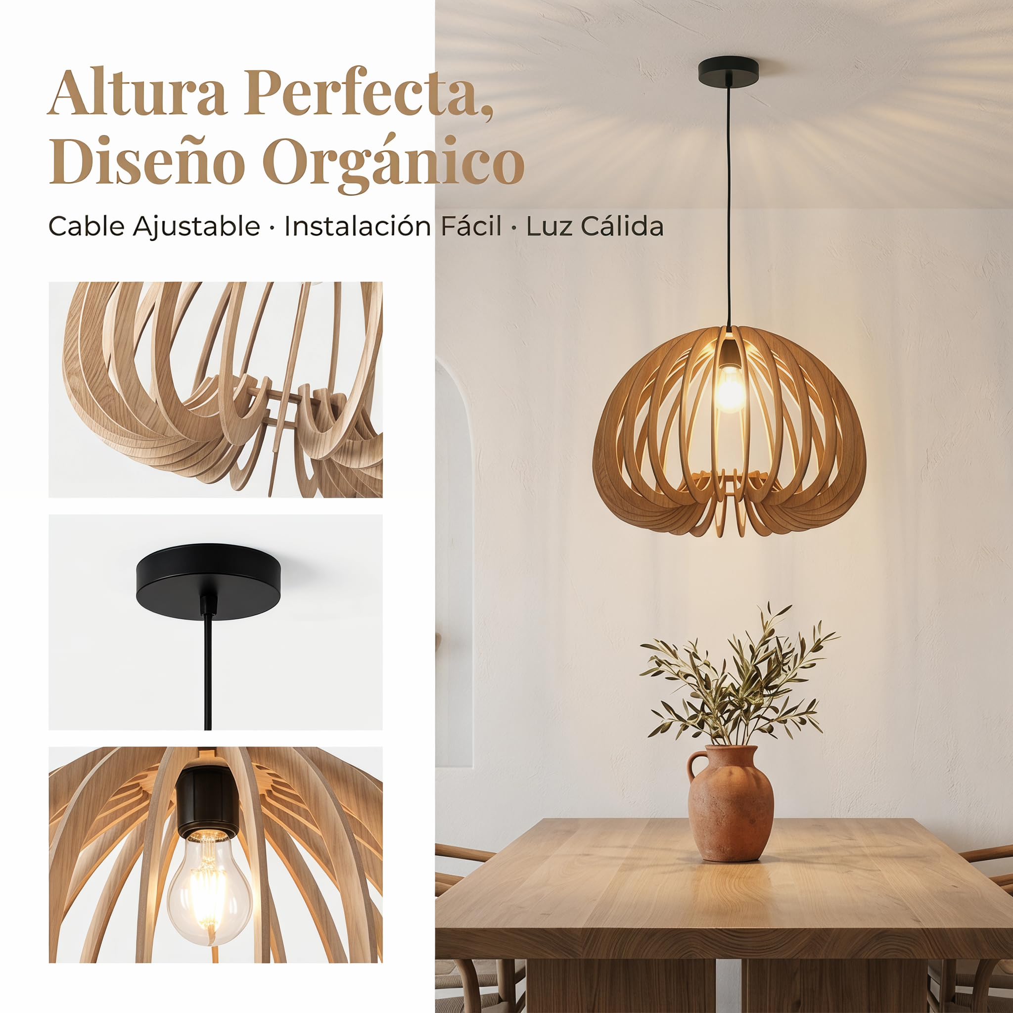 Barcelona LED Lámpara Colgante de Madera MARGE Ø45cm E27 – Diseño Nórdico Natural MDF, Altura Regulable, Luz Ambiental para Salón, Comedor y Dormitorio