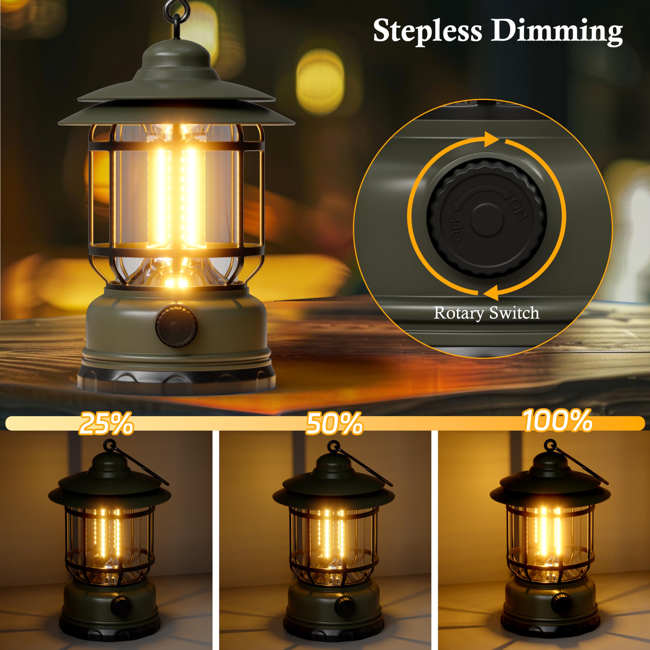 Paquete de 3 faroles LED portátiles de camping de 1500 lm, atenuación sin pasos, ligeros, retro, alimentados por batería, linterna recargable USB, kits de supervivencia, para interiores y exteriores