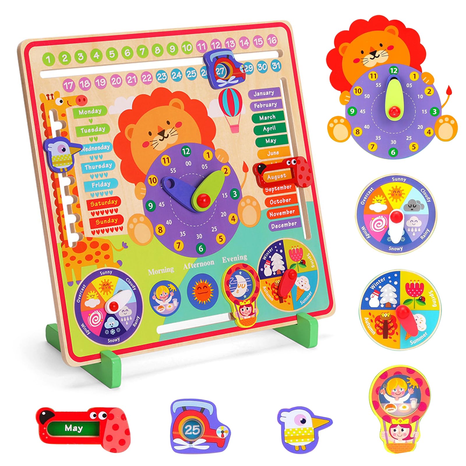 Montessori Toys for 4 Year Old,Wooden Calendar and Teaching Clock for Kids Learning Clock for Telling Time, Date, Days of The Months, Seasons and Weather-Educational Toys for Boys and Girls(7 in 1)