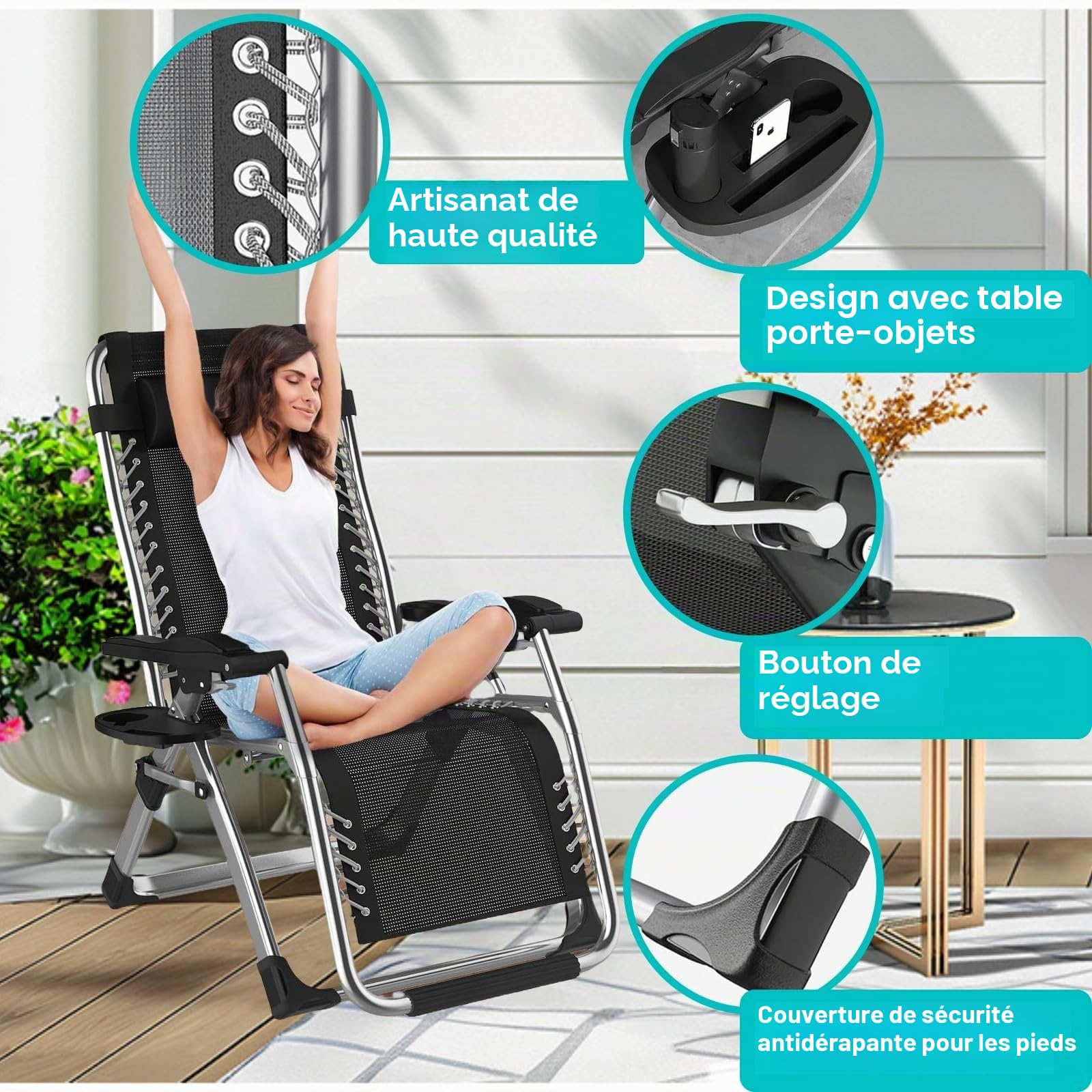 Chaise Longue Pliante Jardin 84cm - Transat Pliable Exterieur Plage Charge 240kg, Fauteuil Relax Jardin avec Coussin, Gobelet et Housse, Bain de Soleil Inclinable pour Terrasse, Piscine ou Patio