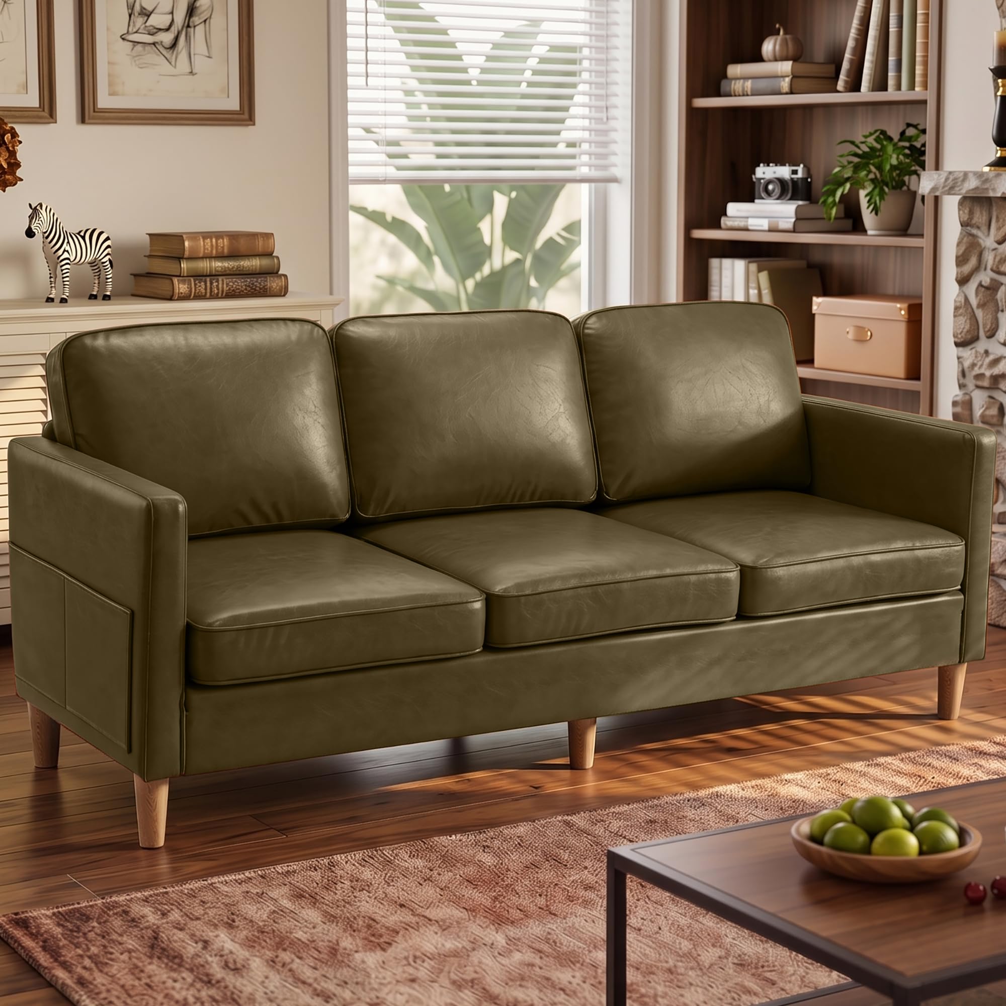 80" Faux Leather Sofa Mid Century Modern 3 Seater Couch for Living Room