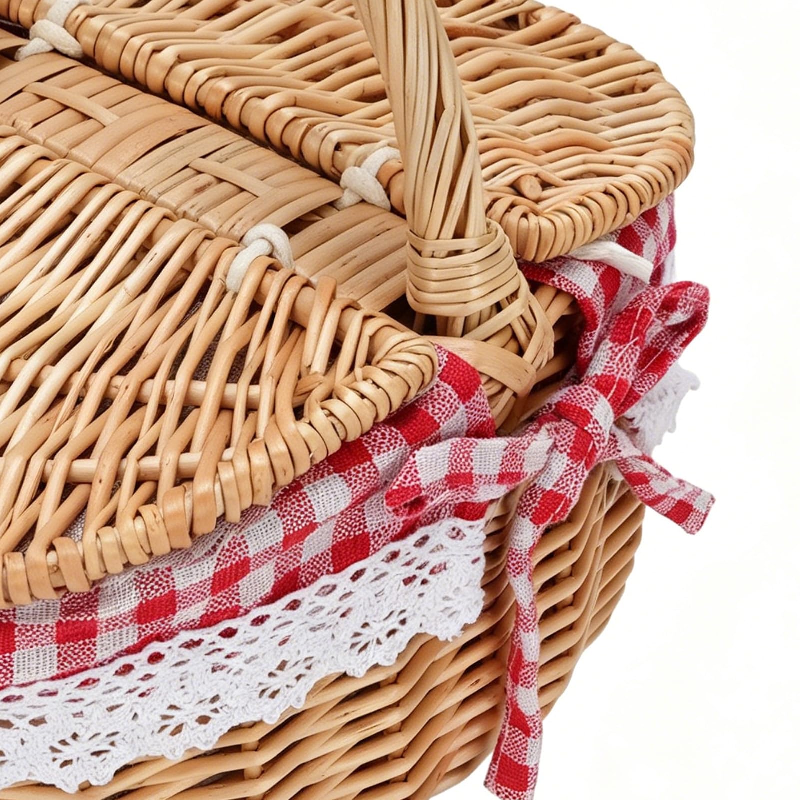 Generic Cestino da Picnic in Vimini Elegante Doppio Coperchio e Manico per Campeggio, Raccolta di Verdure, 13,19x9,65x11,81 Pollici (Griglia Rossa)